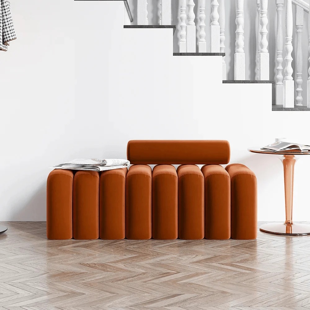 Wooden Twist Veylo Modern Line Design Bench with Round Back Pillow in Orange Colour-picture-18