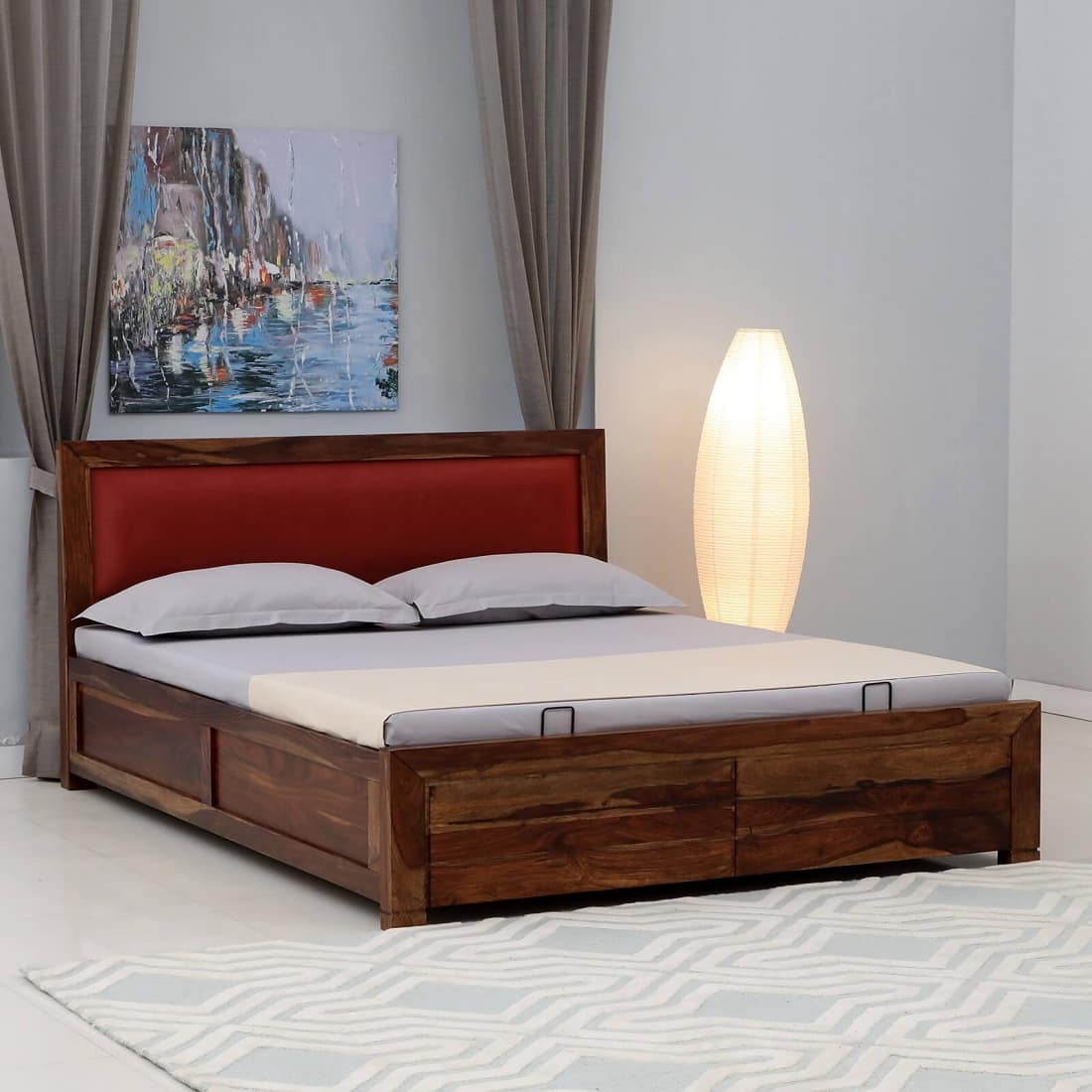 Melba Solid Sheesham Wood  King Size Hydrolic Storage Upholstered  Bed In Provincial Teak Finish - Demiwall