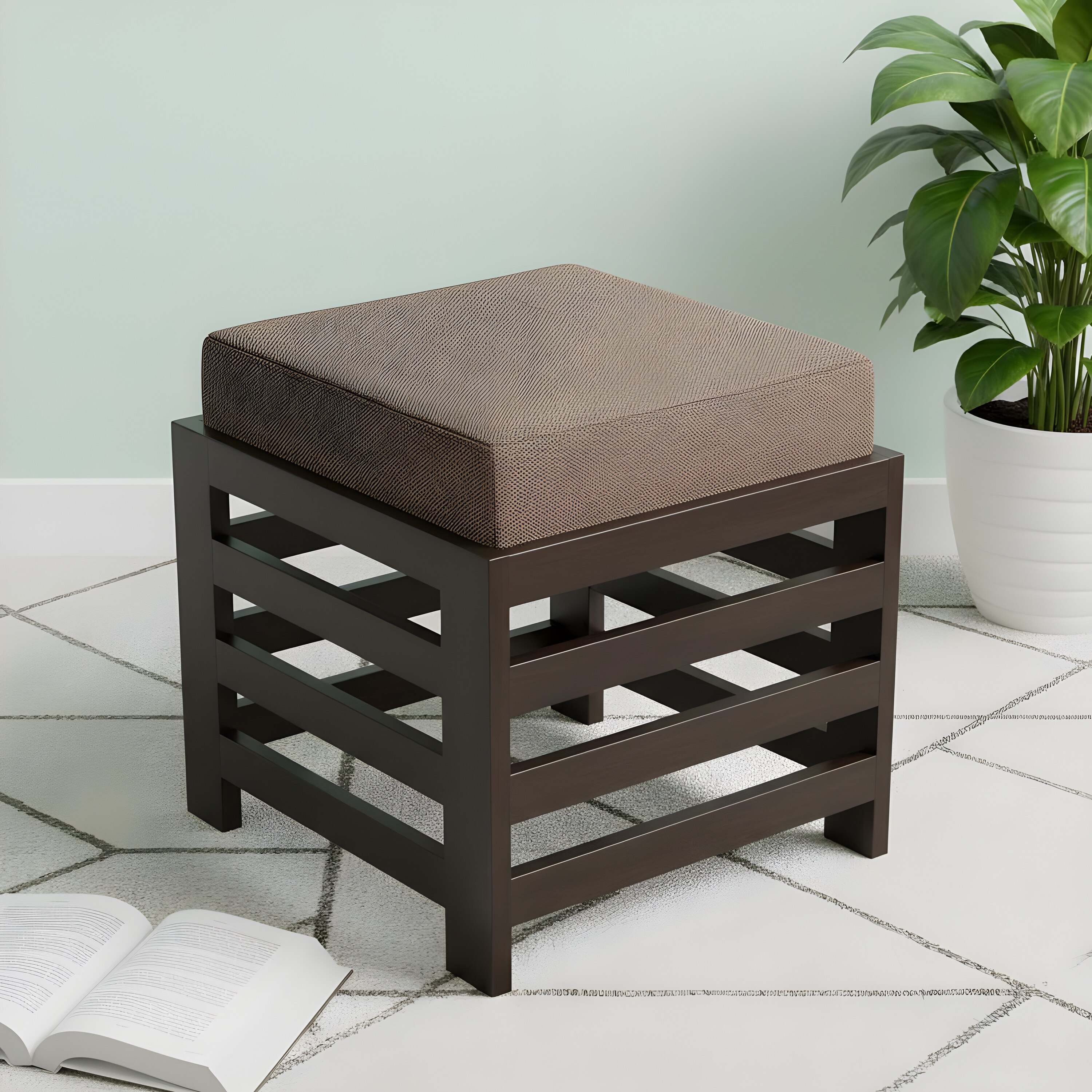Houston Sheesham Wood Stool with Jute Brown Cushion