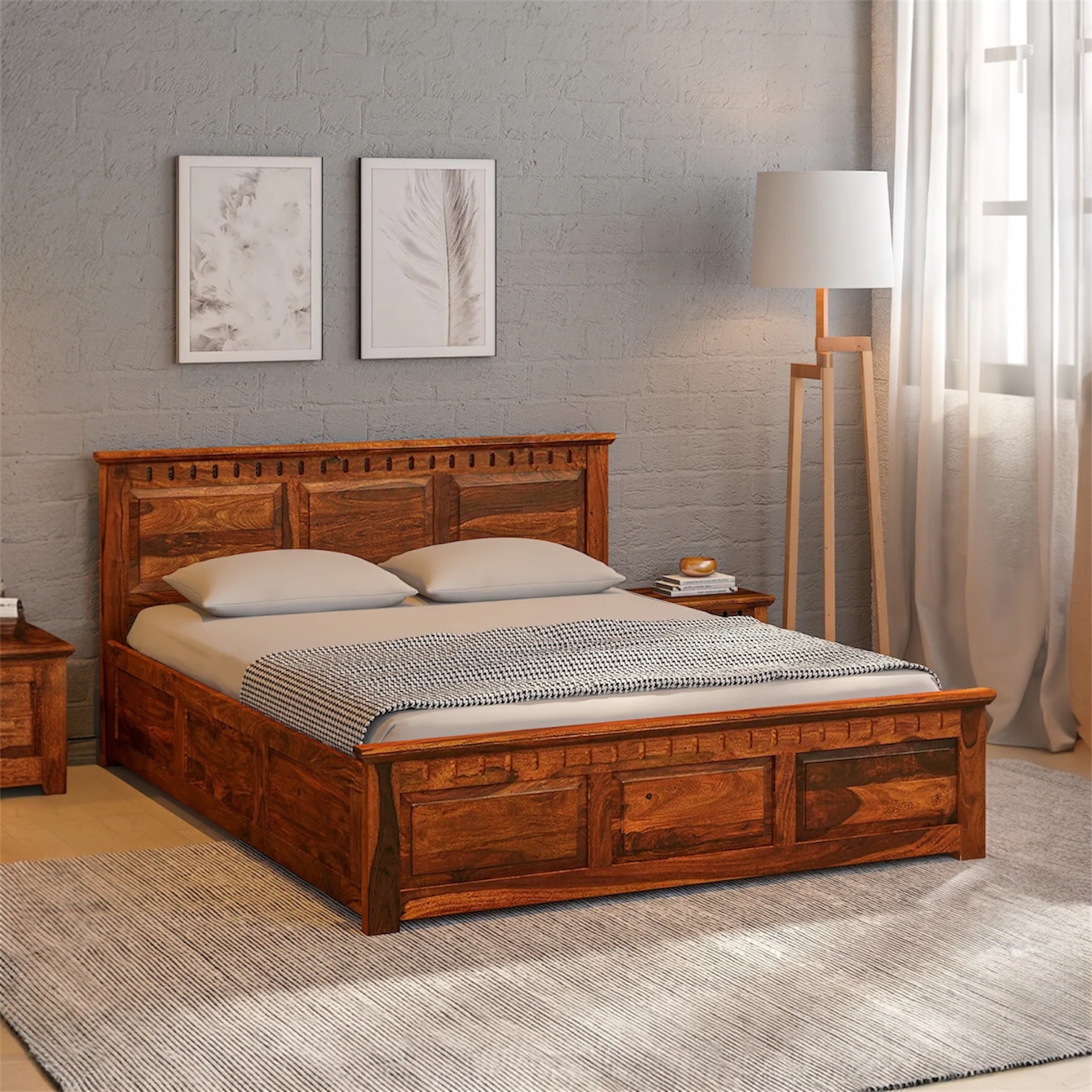 Zvya Solid Wood Queen  Size Upholstered Bed With Box Storage (Honey Finish) - Interior Valley
