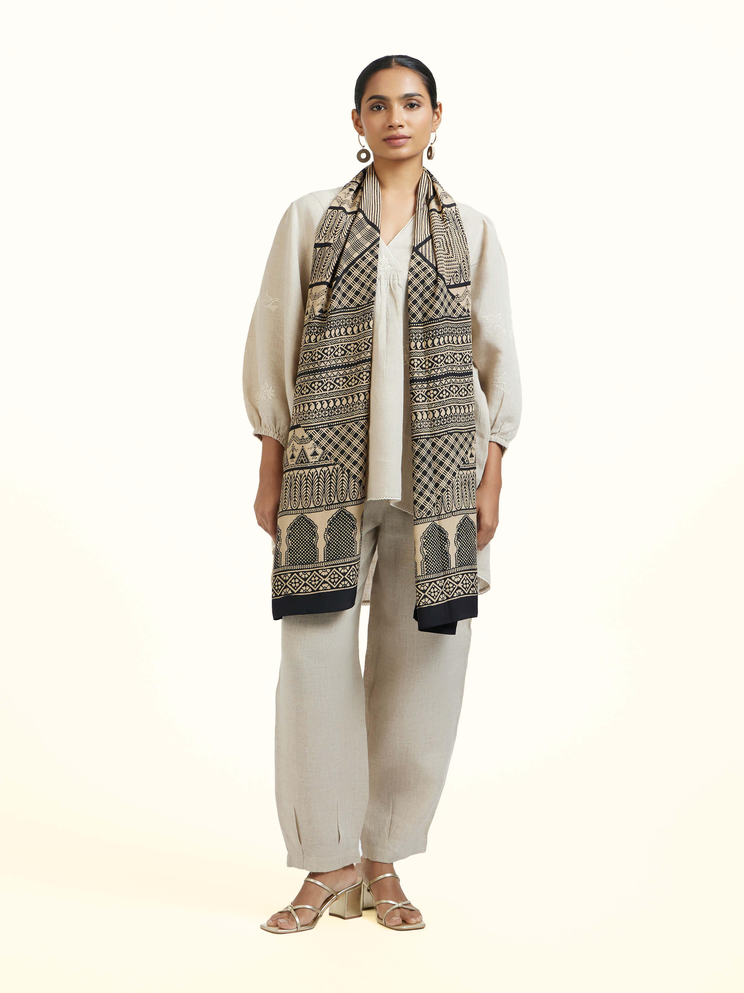 Black Silk Bagh Hand Block Printed Stole � Draped Detail View