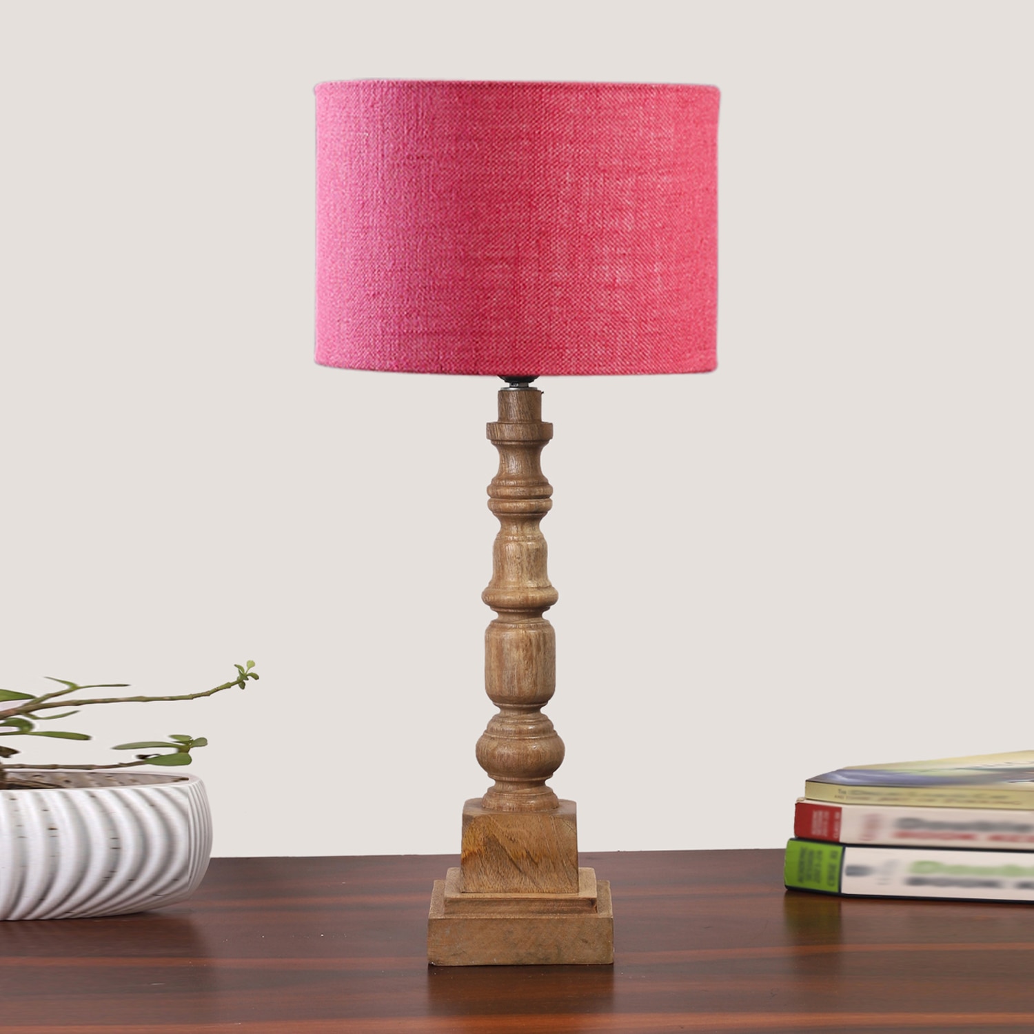 Devansh Pink Jute Table Lamp With  Wood Natural Base (7X7X21.25 Inches)-11 - Devansh