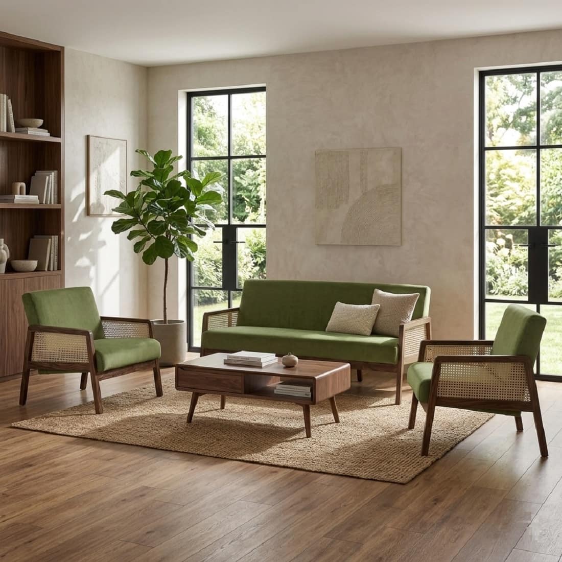 Ginni Solid Wood 5 Seater Rattan Designed Sofa Set In Teak Finish - Demiwall