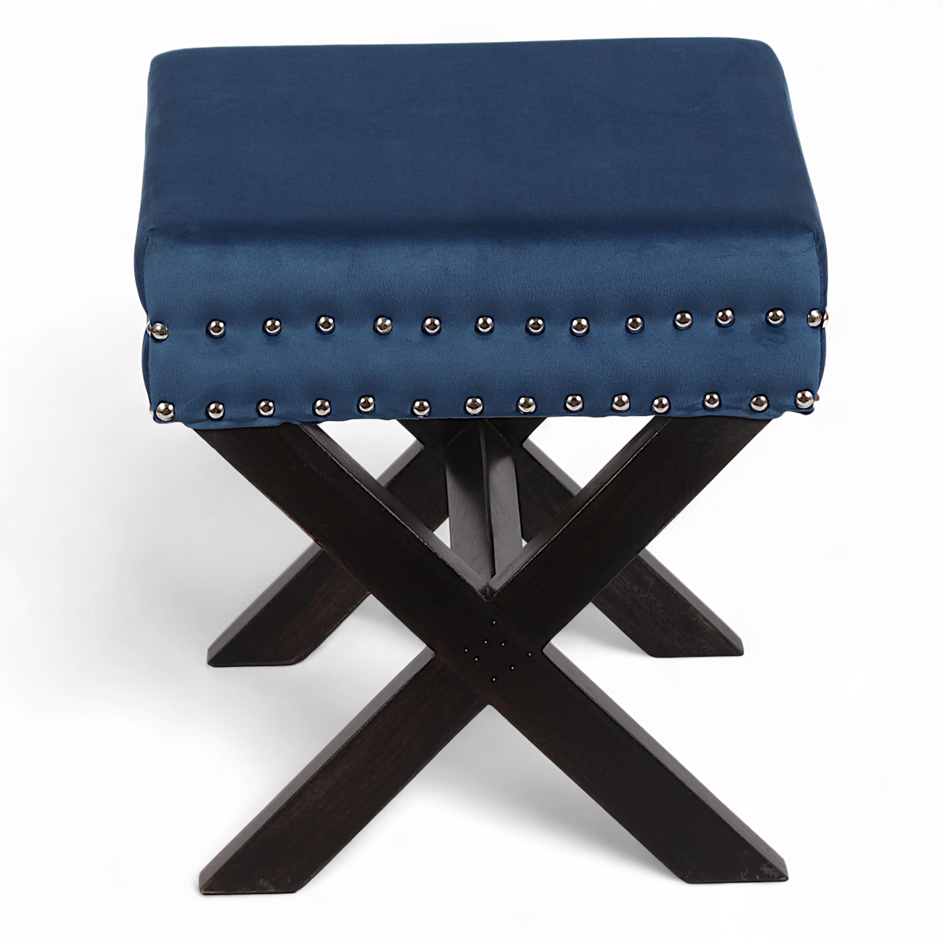 Rosslyn Sheesham Wood Accent Set of 2 Ottoman Pouffees in Navy Blue Velvet, Dark Mahogany Finish