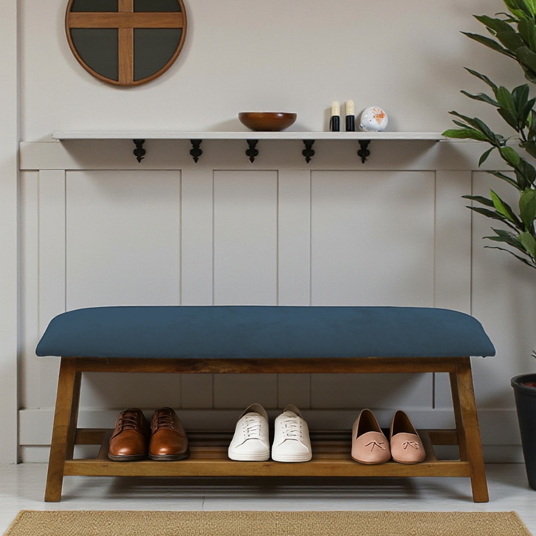 Askim Solid Wood Shoe Rack with Seating in Walnut Brown finish