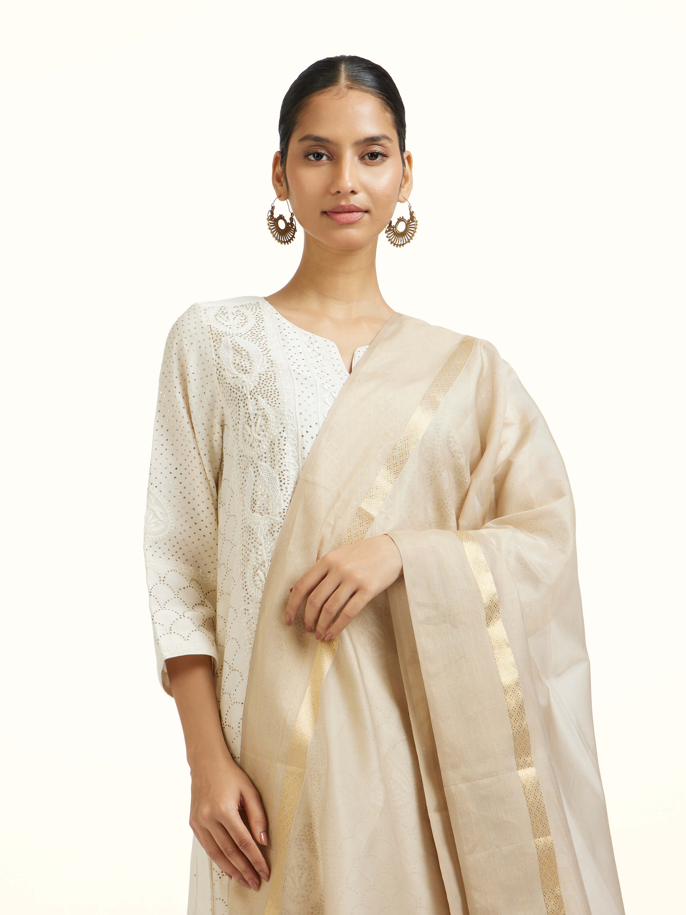 Beige Cotton Silk Maheshwari Zari Border Dupatta