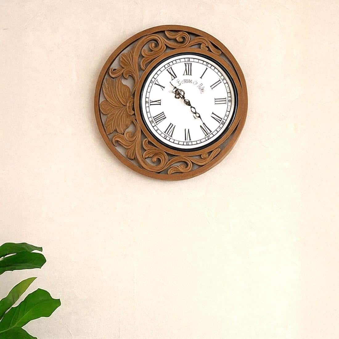 Wall Clock Brown Golden Coloured Moon Like Designer Carving