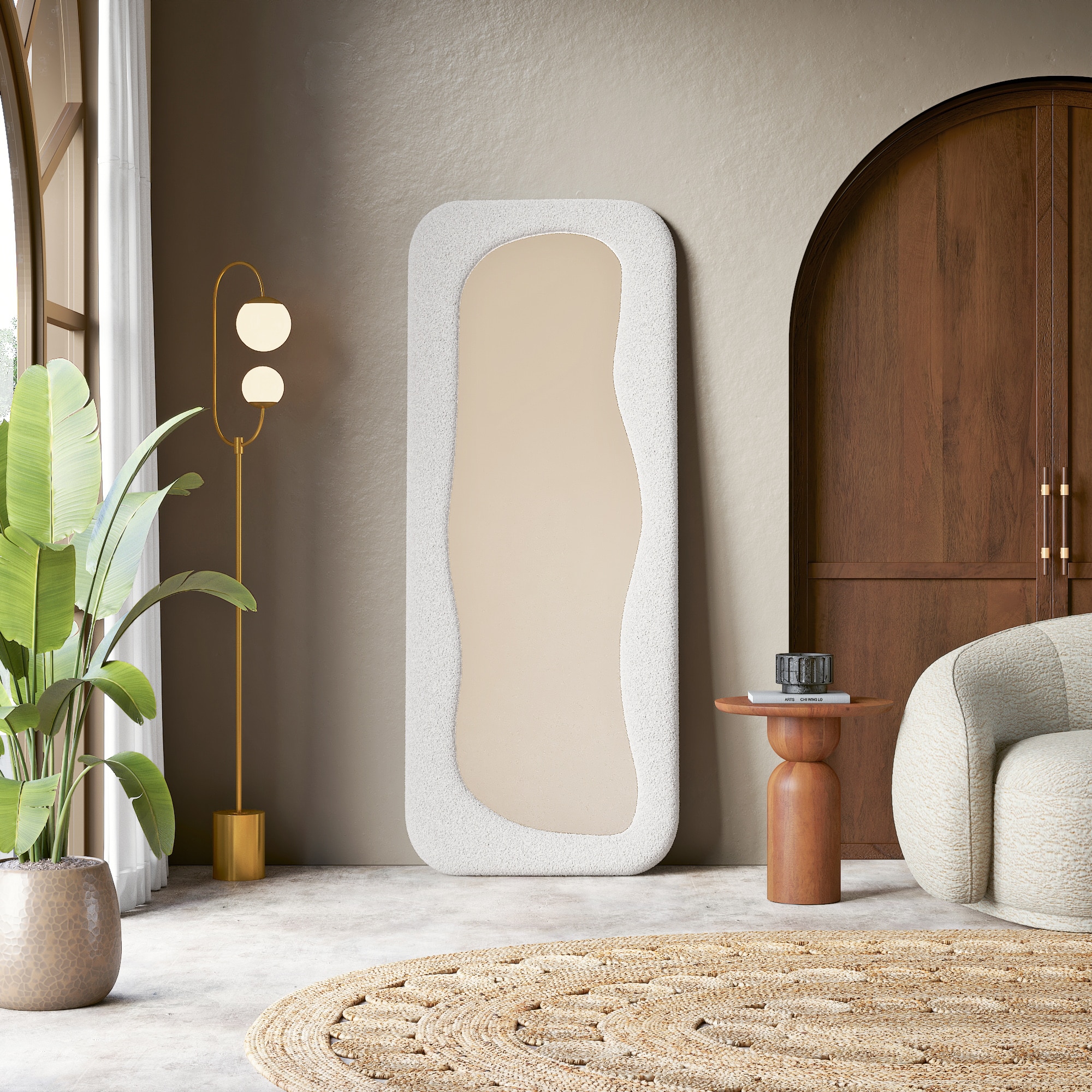【新品未使用｝ACTUS MIRO MIRO MIRROR Miro Upholstered Organic Floor Mirror in White Boucle Finish