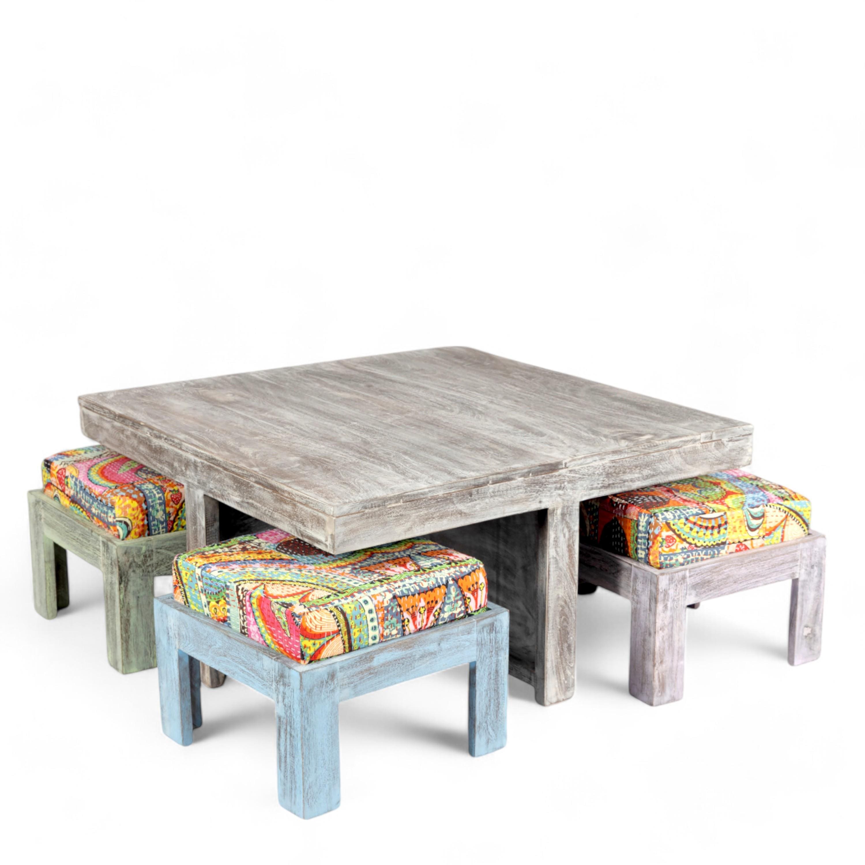 Blane Sheesham Wood Country Side Coffee Table Set With 4 Stools In Antique Multi-Colour Finish