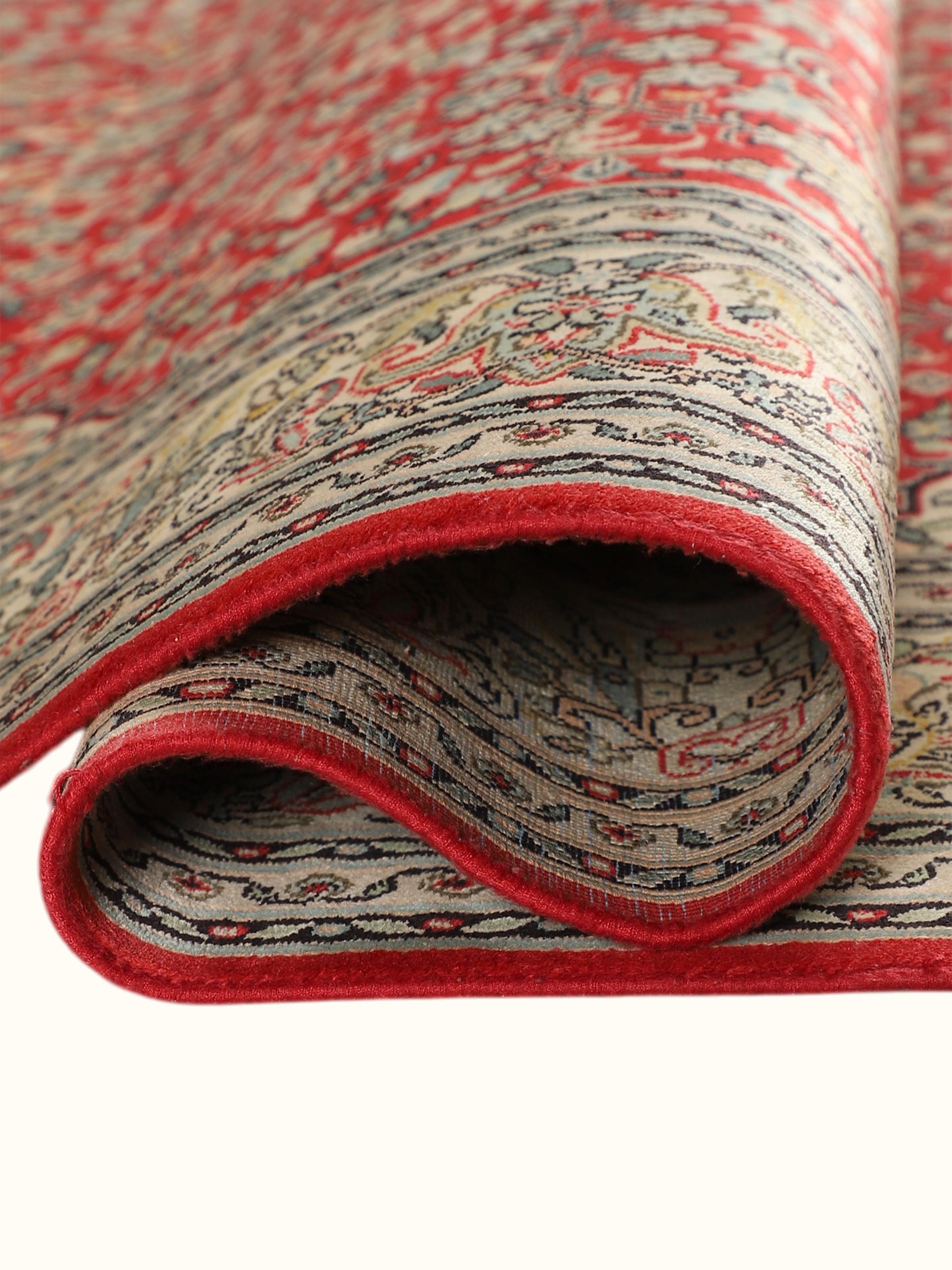 Traditional Persian Red Ivory Kashan Kashmir Silk Hand-Knotted Carpet