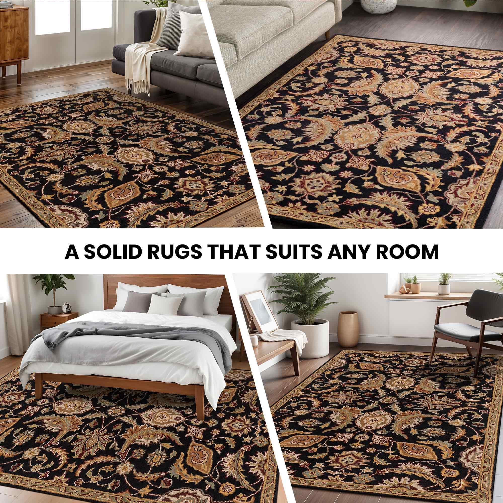 Black Floral Wool 8x11 Carpet