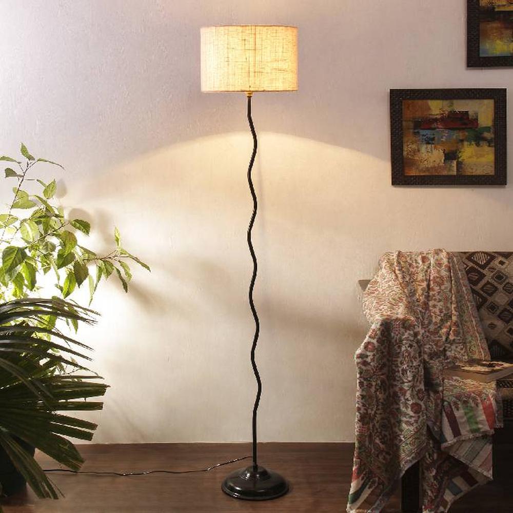 Flynn White Natural Fiber Floor Lamp with Black Iron Base