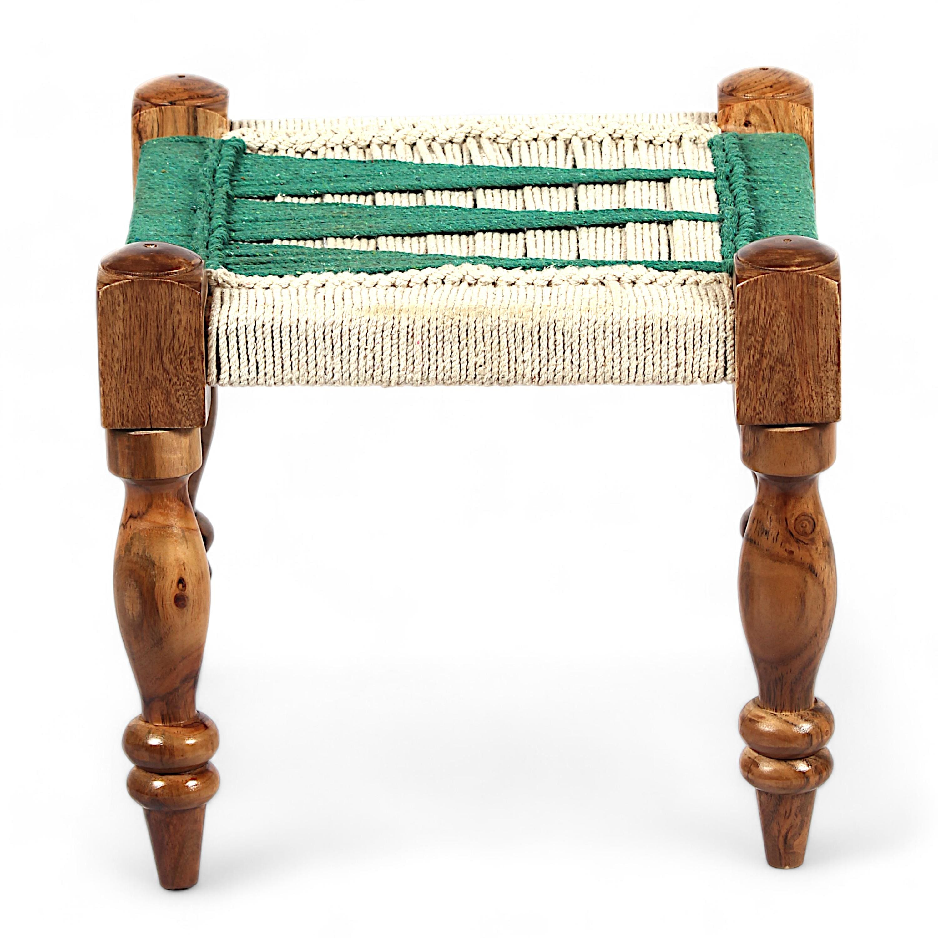 Hamilton Sheesham Wood Maachi Bench Set With 2 Stools In Green & White Rope Canning