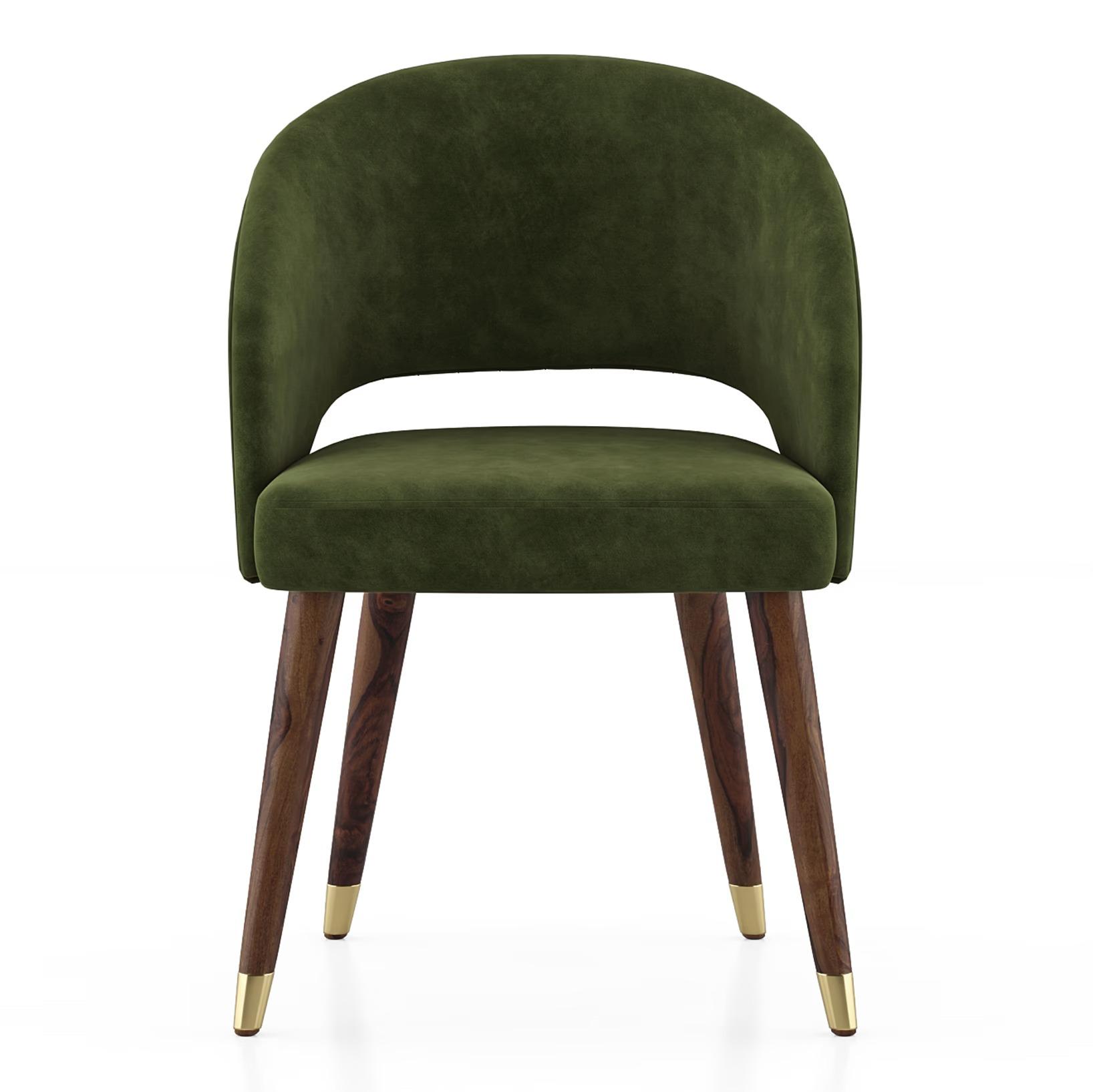 Atlas Solid Wood 6 Seater Dining Table In Honey Finish with 6 Celia Deep Olive Velvet Fabric in Dark Teak Finish