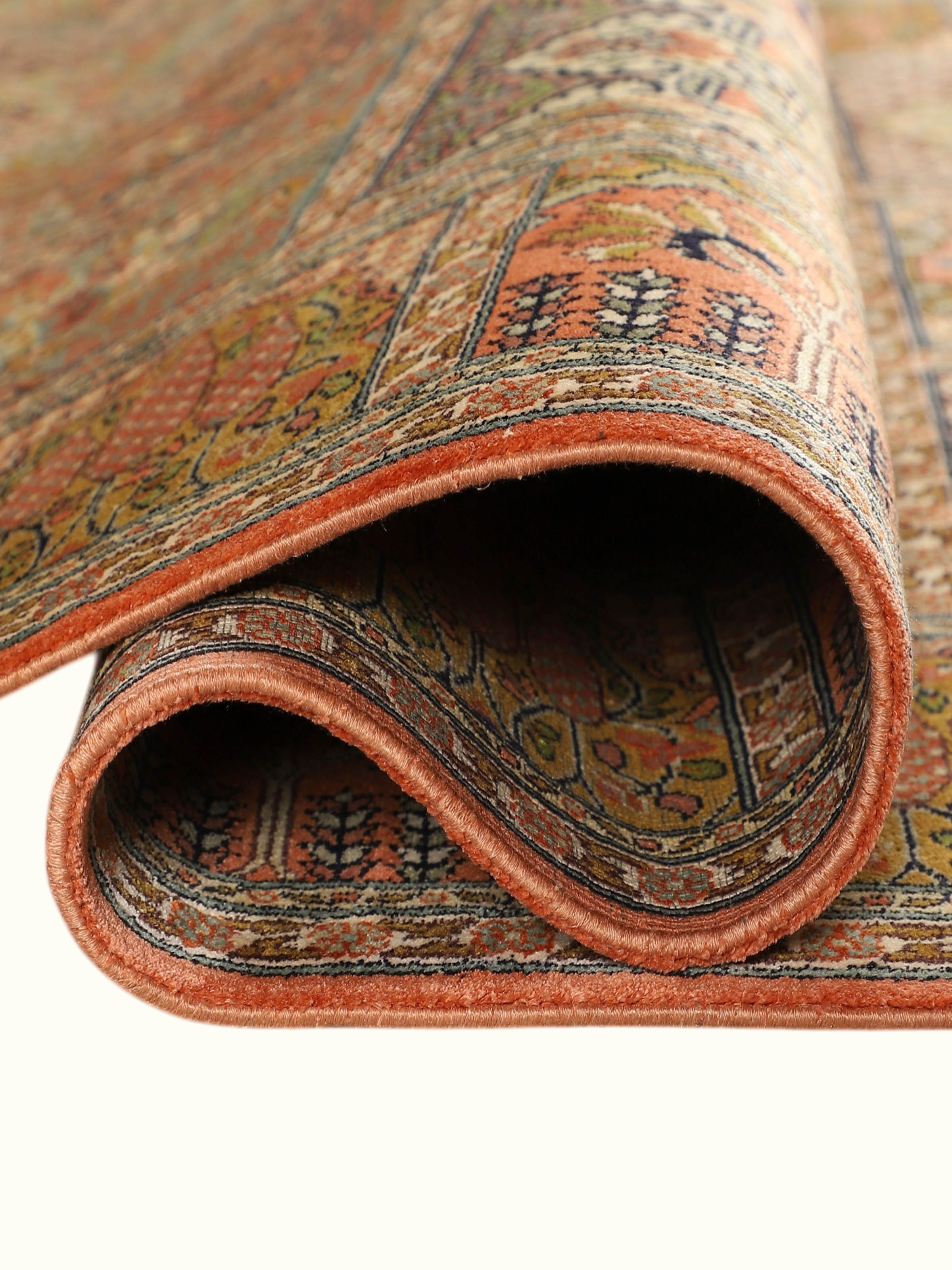 Traditional Persian Rust Blue Hamadan Kashmir Silk Hand-Knotted Carpet