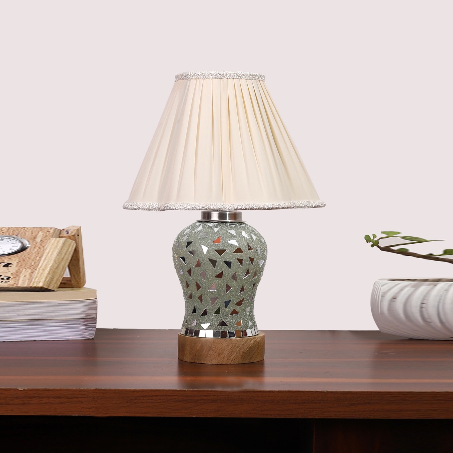 Devansh Off-White Vintage  Cotton Pleated Shade Lamp With Wood & Mosaic Glass Base For Decoration/Office/Home/Gifting/Study For Decoration/Office/Home/Gifting/Study