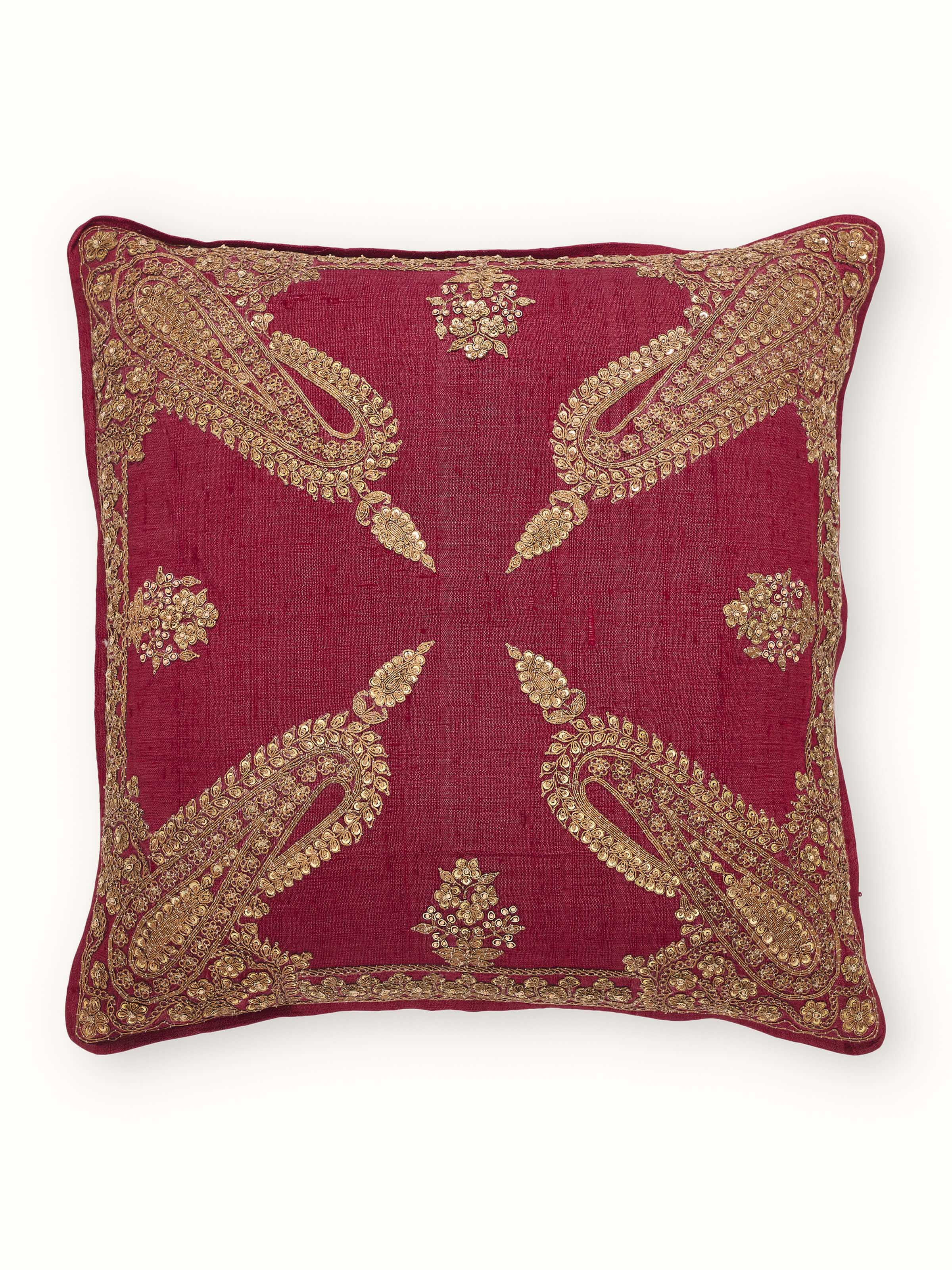 Alankar Maroon Paisley Silk Zardozi Hand Embroidered Cushion Cover