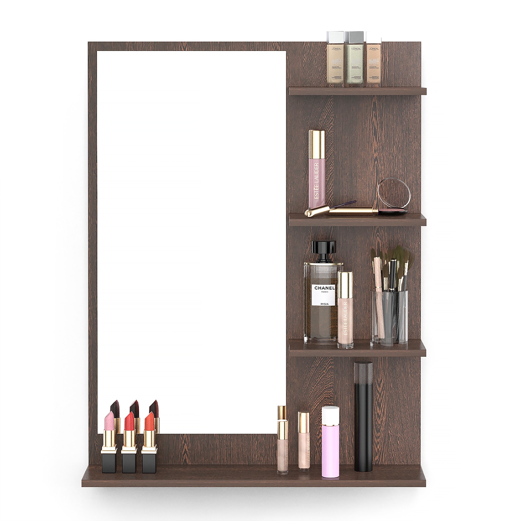 BLUEWUD Rico Mini Engineered Wood Wall Mount Dressing Table Organizer Makeup Vanity with Mirror Storage Shelves for Bedroom Home Furniture (Wenge)