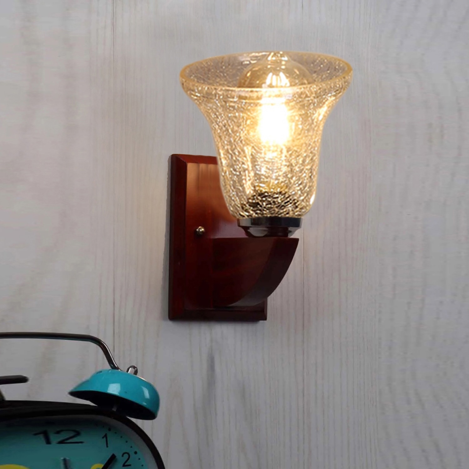 Devansh Solid Wood Electric Wall Light in Brown Colour with Transparent Shade Count of 1 Light - Devansh