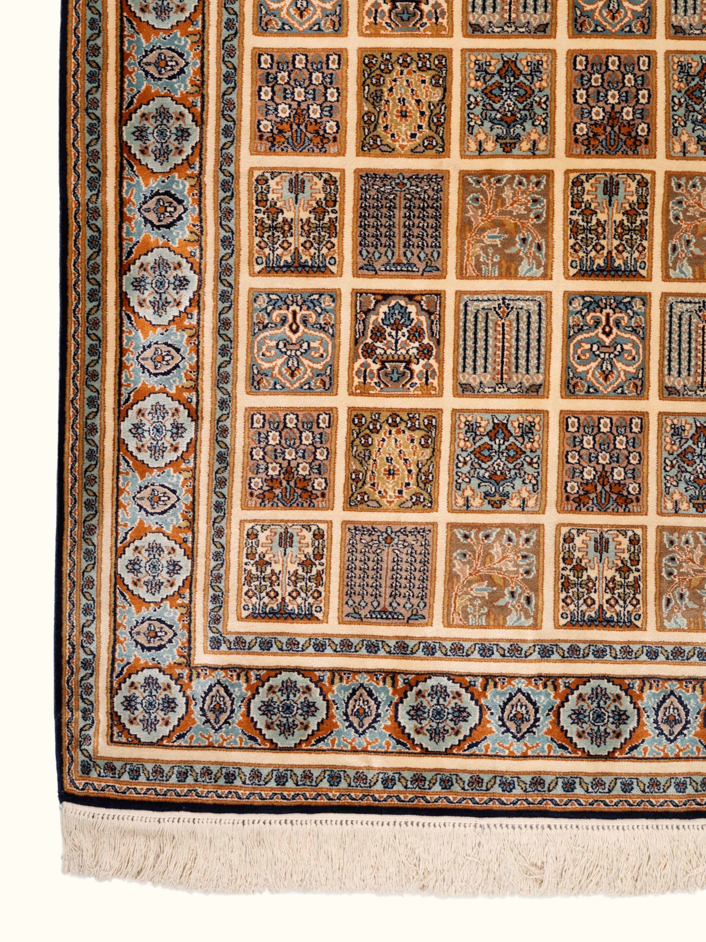 Traditional Persian Beige Dabdar Kashmir Silk Hand-Knotted Carpet