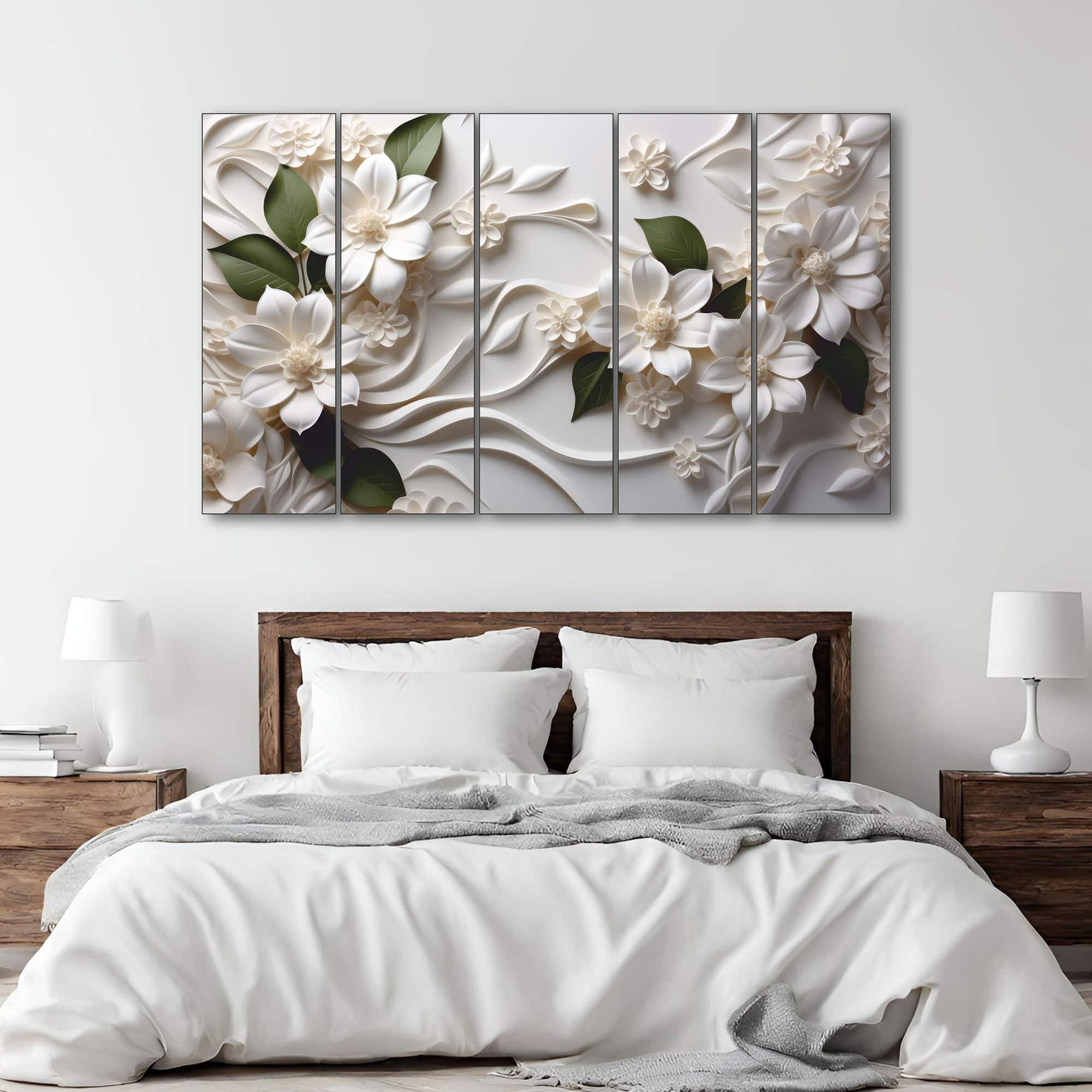 The Castle Decor White Flower Wall Art Set of 5 27x48 Inch - The Castle Decor