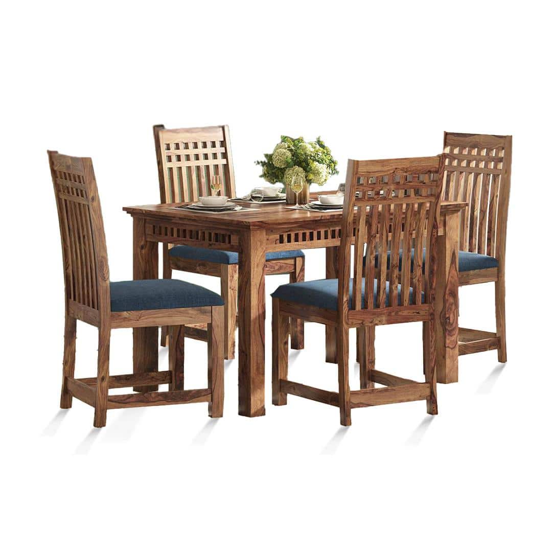 Fidora 4 Seater Dining Table With Set Of 4 Diego Dining Chairs (Colour- Midnight Indigo Blue , Finish- Teak)