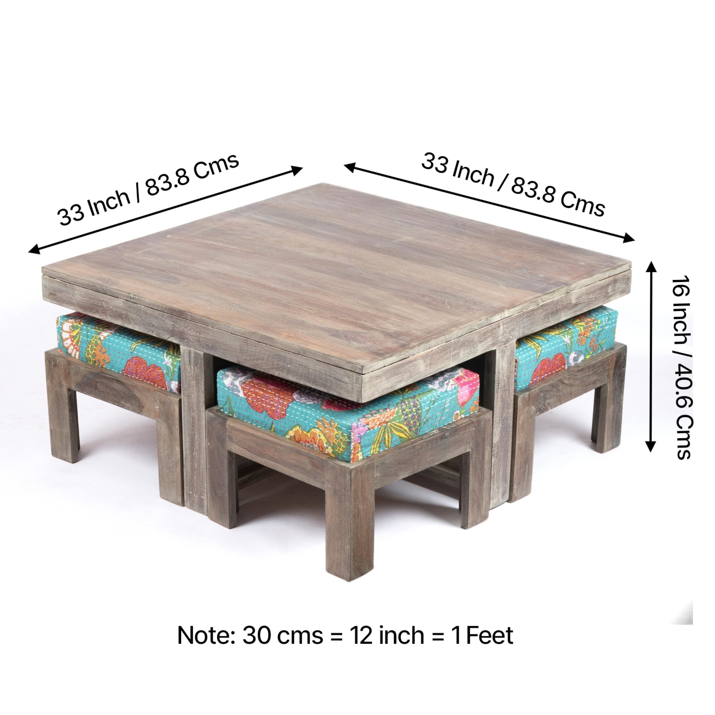 Blane Sheesham Wood 4 Seater Coffee Table Set In Antique Grey Finish Floral Print Green Kantha Cushion