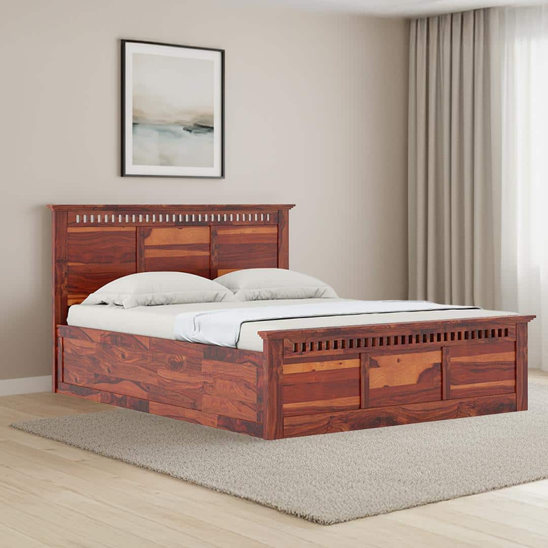 Fidora Solid Wood King Size Hydraulic Storage Bed In Honey Finish