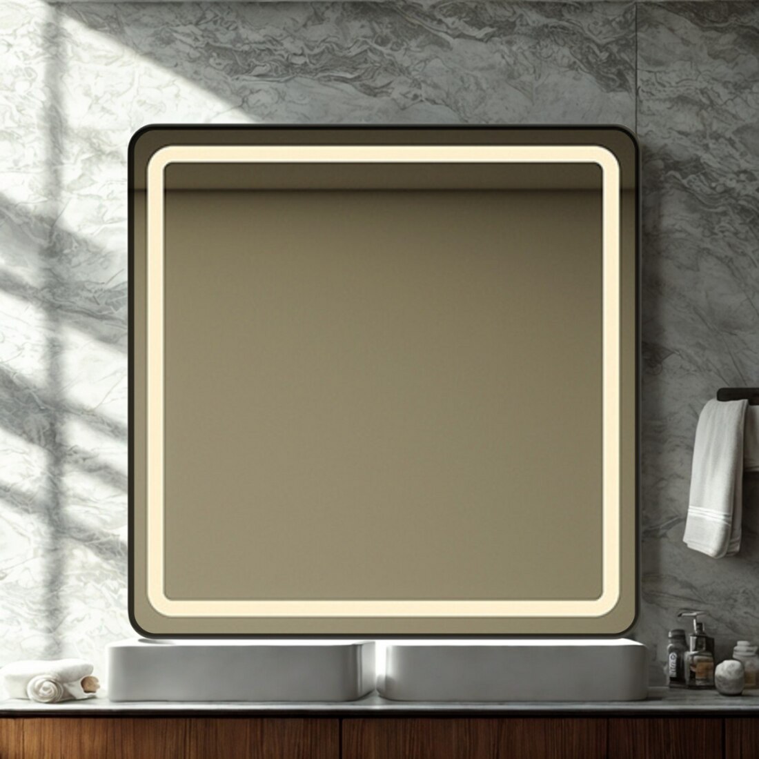 Modern Square Wall LED Mirror with Anodized Aluminum Frame Rose Gold Matte Black Brushed Silver