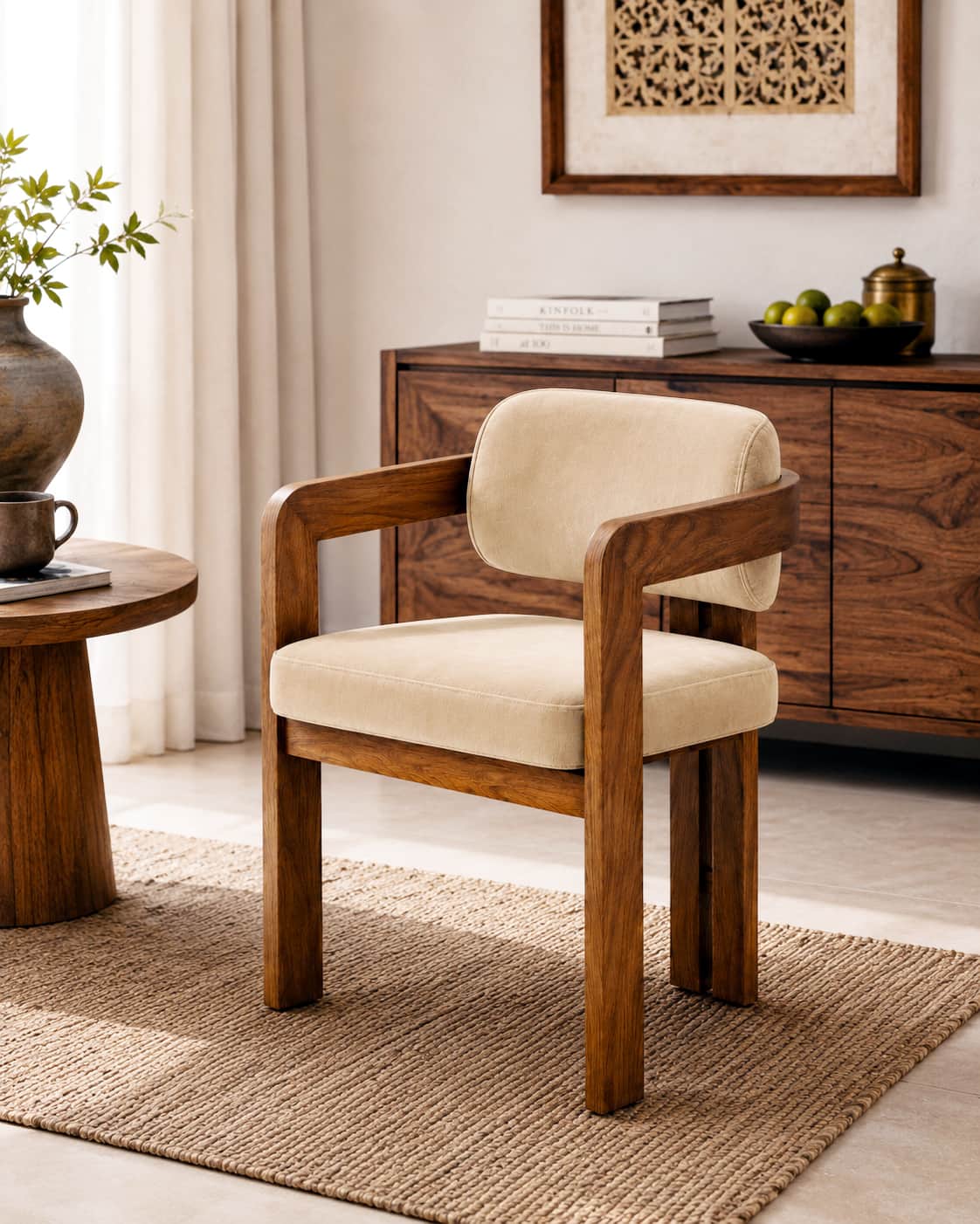 Burbon Solid Wood Upholstered Dining Chair in Teak Finish Style 1 - HomeDfy