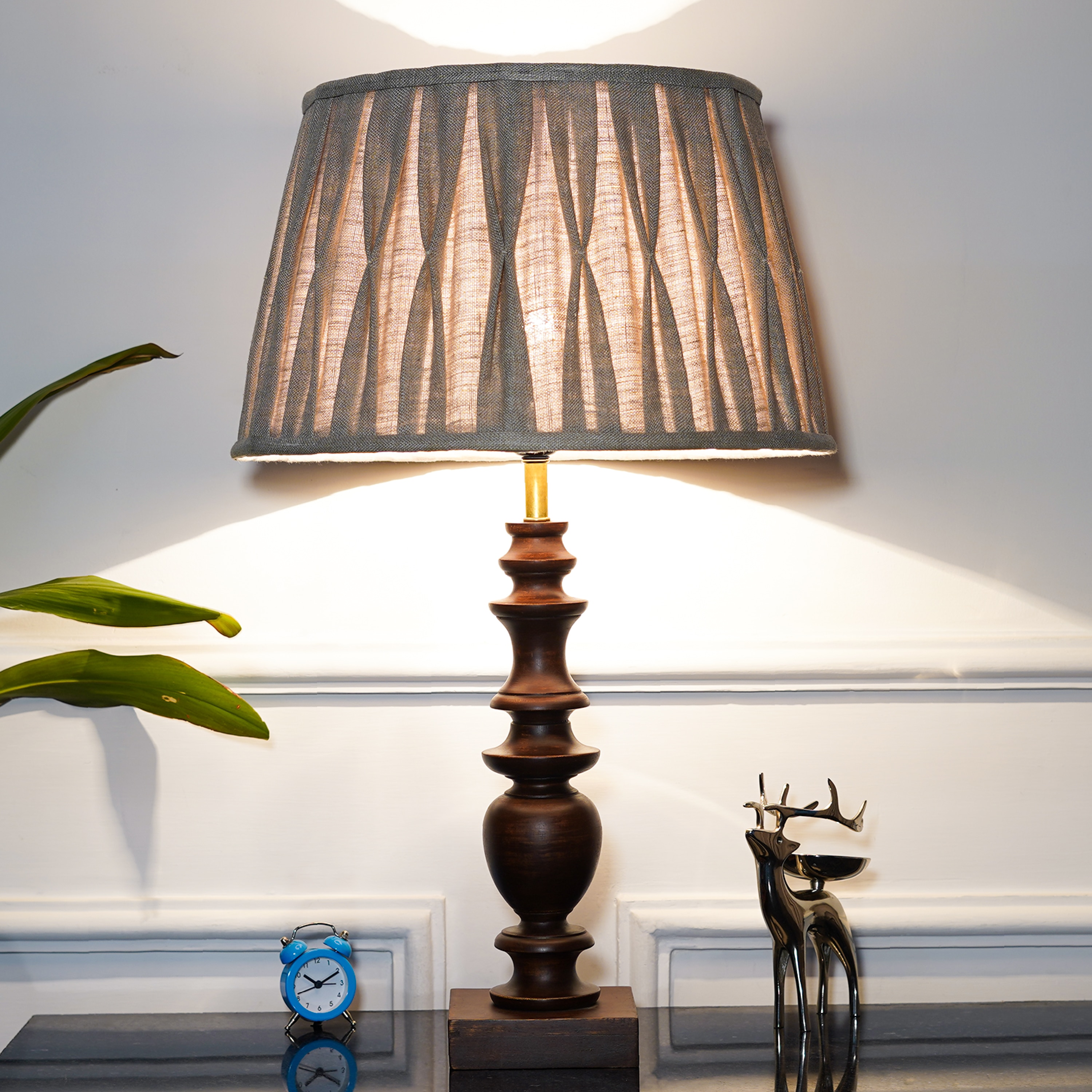 Akira hand crafted Solid wood walnut finish Table Lamp With Natural Linen Shade - Kapoor Lamp Shades