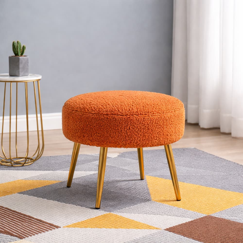 Doe Buck Luna Boucle Round Ottoman Stool in Orange Colour with Gold Metal Legs - Doe Buck