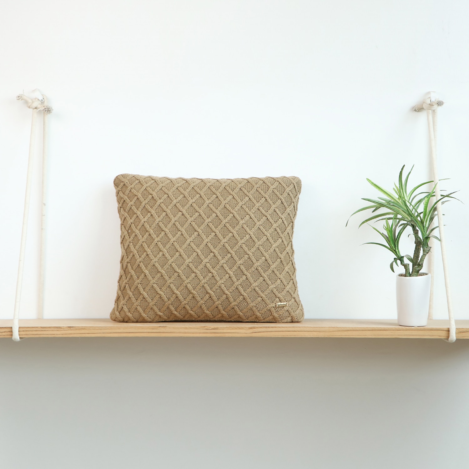 Crest Khaki Knitted Cushion Cover  16X16 Inches - Pluchi