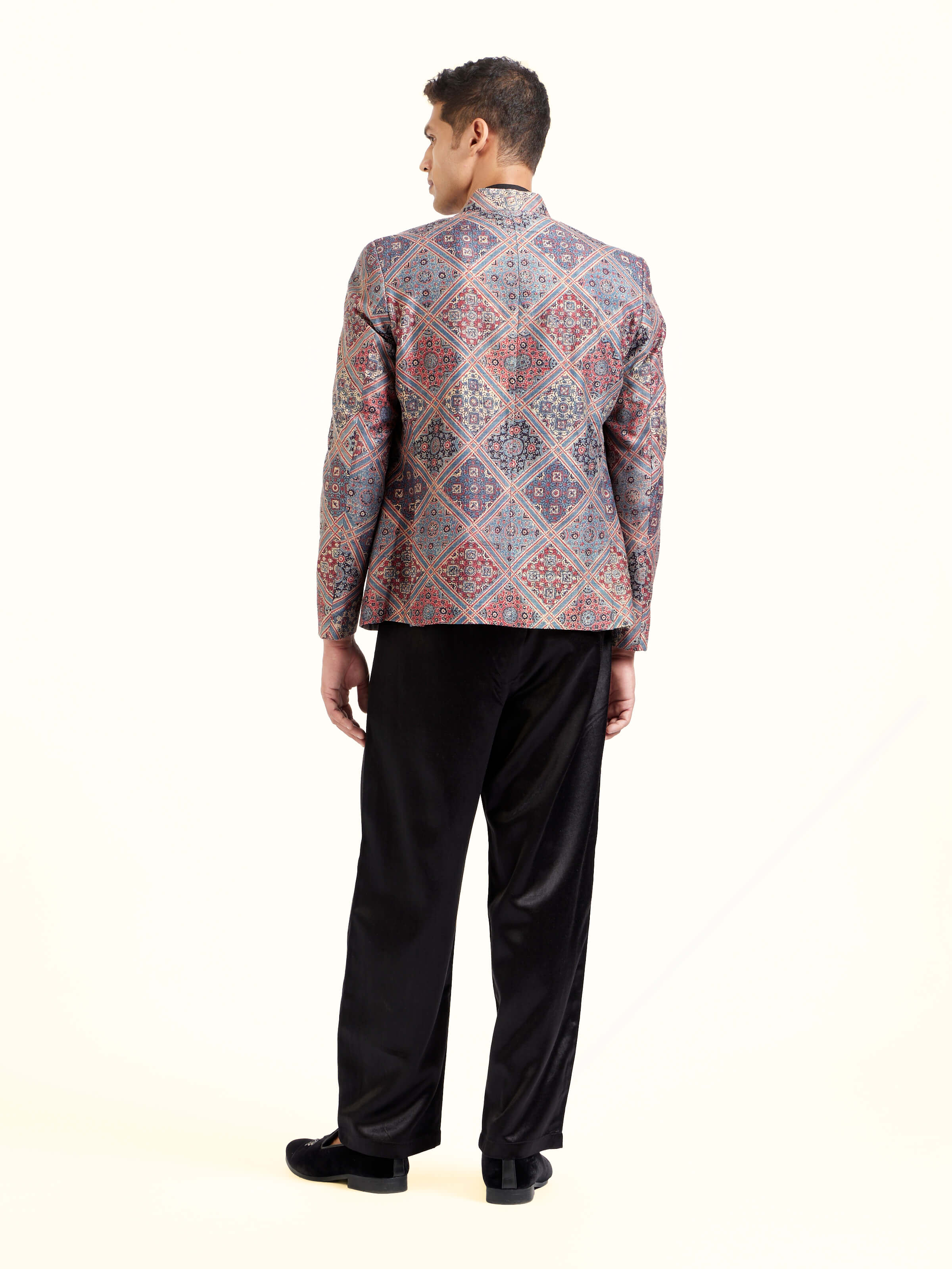 Back view of indigo silk ajrakh block printed jacket with all-over ajrakh design
