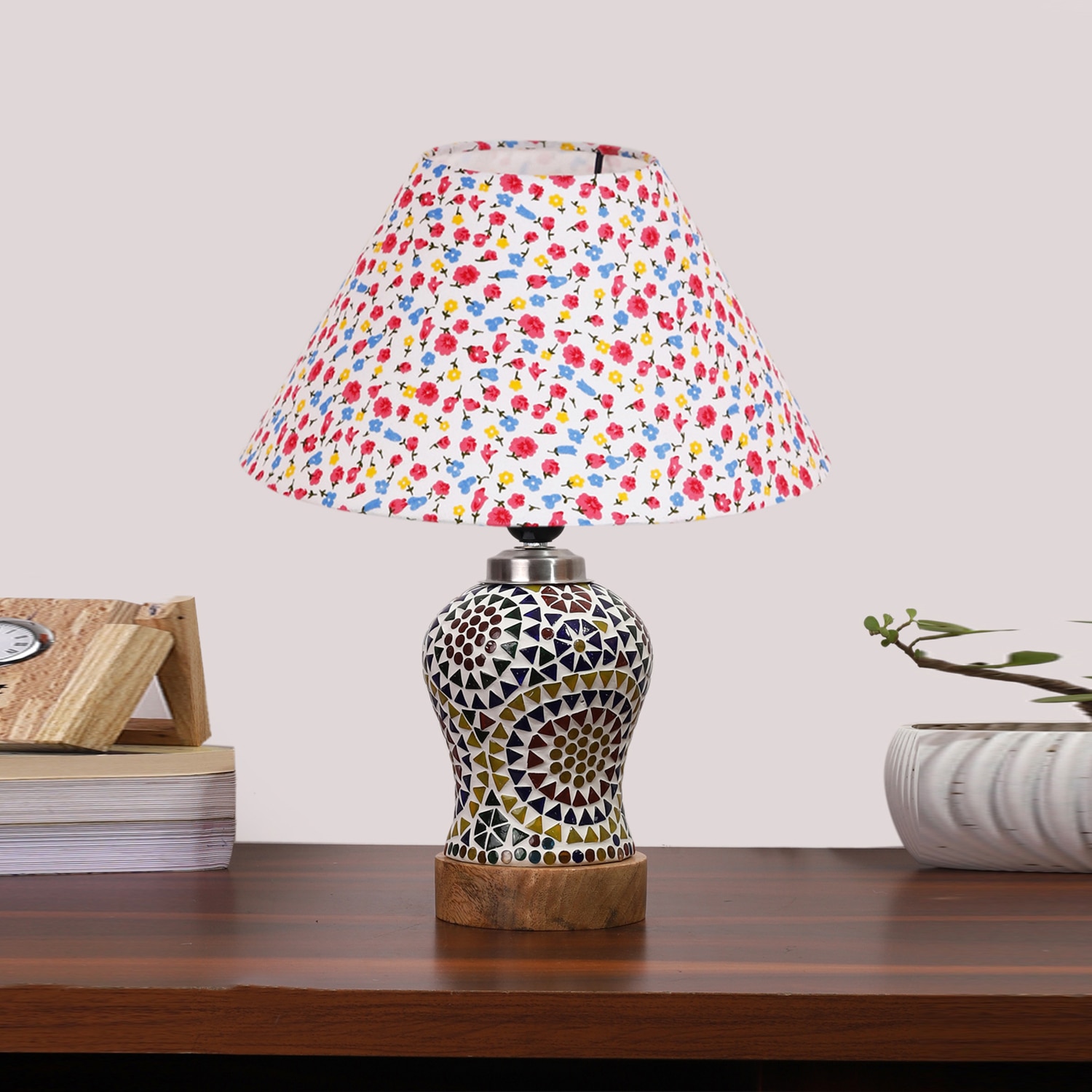 Devansh Conical Multi Cotton Shade Lamp With Wood & Mosaic Glass Base For Decoration/Office/Home/Gifting/Study For Decoration/Office/Home/Gifting/Study -(10X10X14.5) Inches -A
