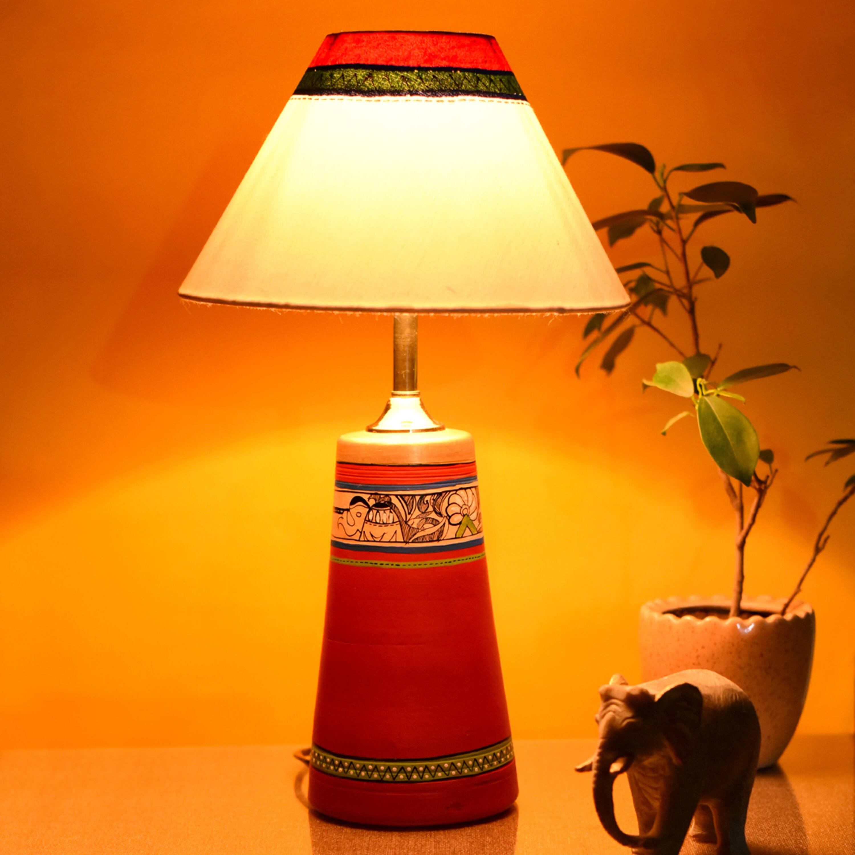 Table Lamp Red Earthen Handcrafted with White Shade (13x4.7")