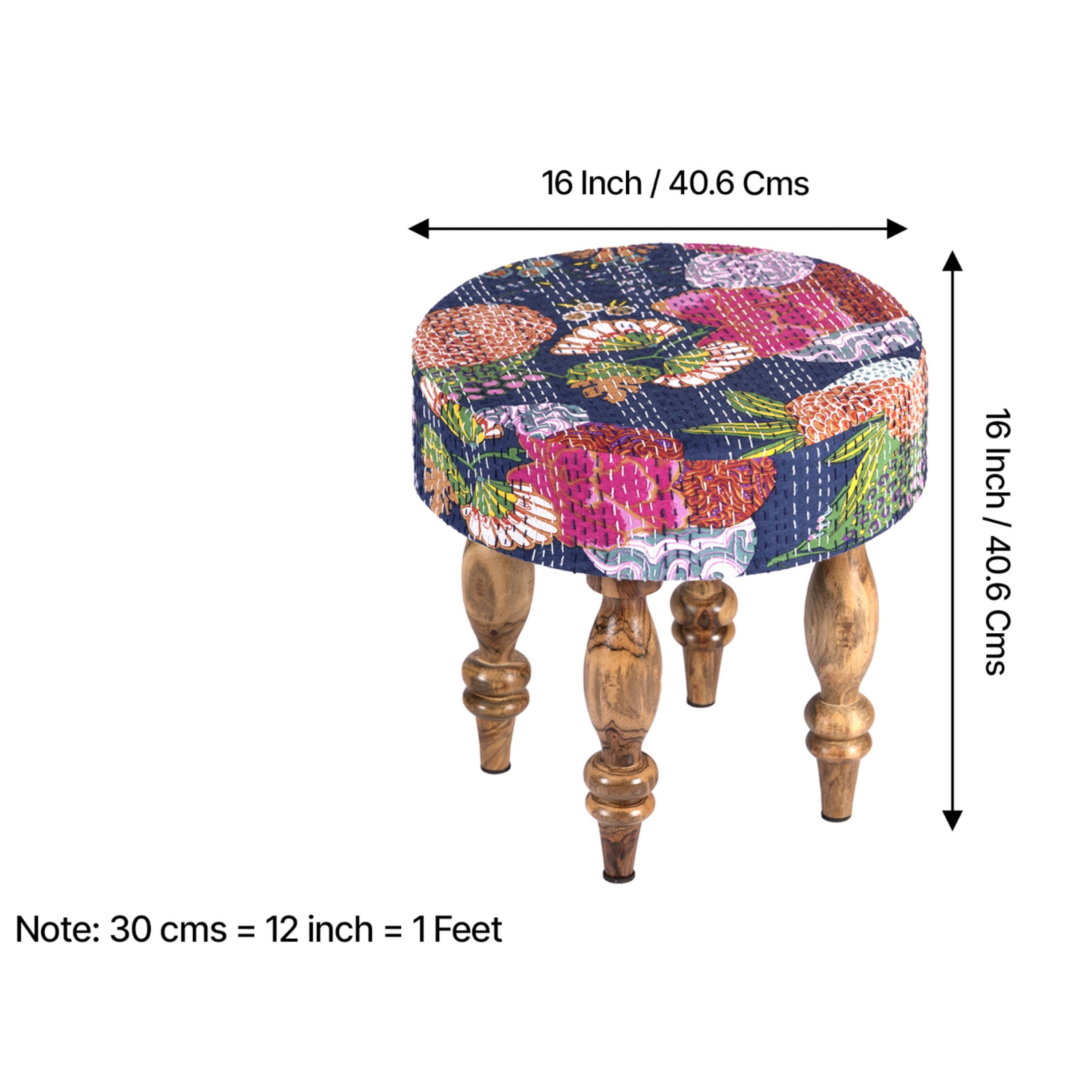 Bestone Sheesham Wood Mid Century 2+1+1 Seater Bench Set With 2 Stools In Fruit Print Blue Kantha