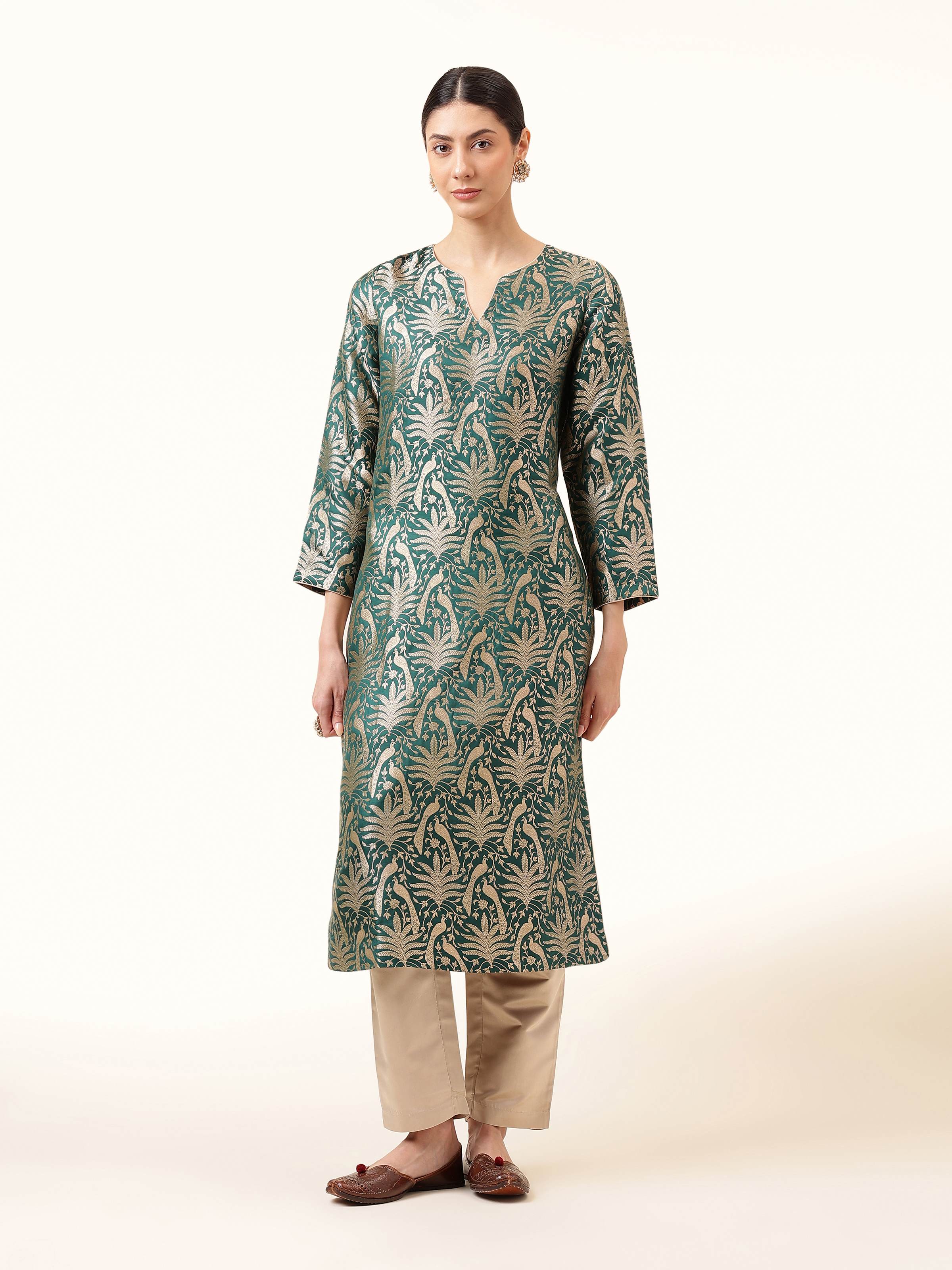 Front view of Green Silk Banarasi Kurta showcasing intricate Banarasi weaving and rich silk texture
