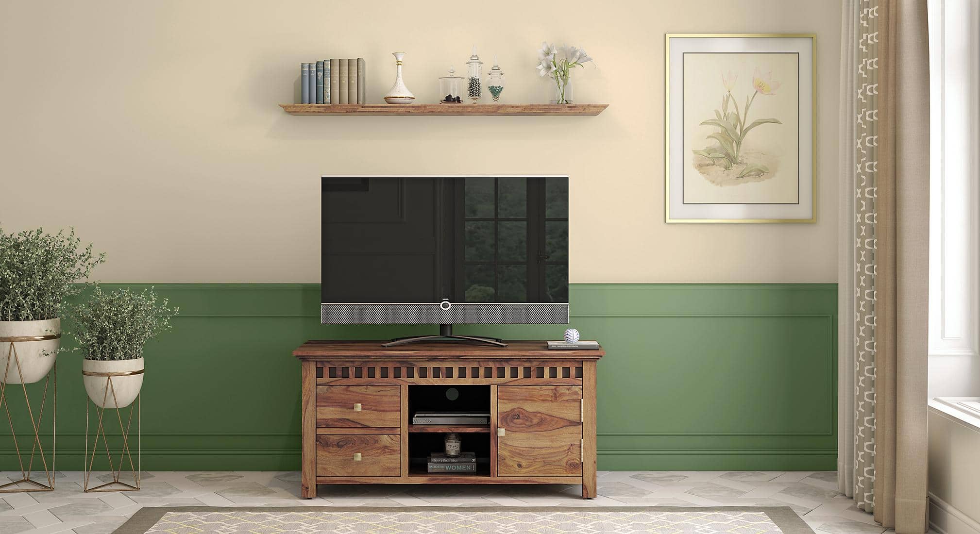 Fidora Solid Wood TV Unit in Teak Finish