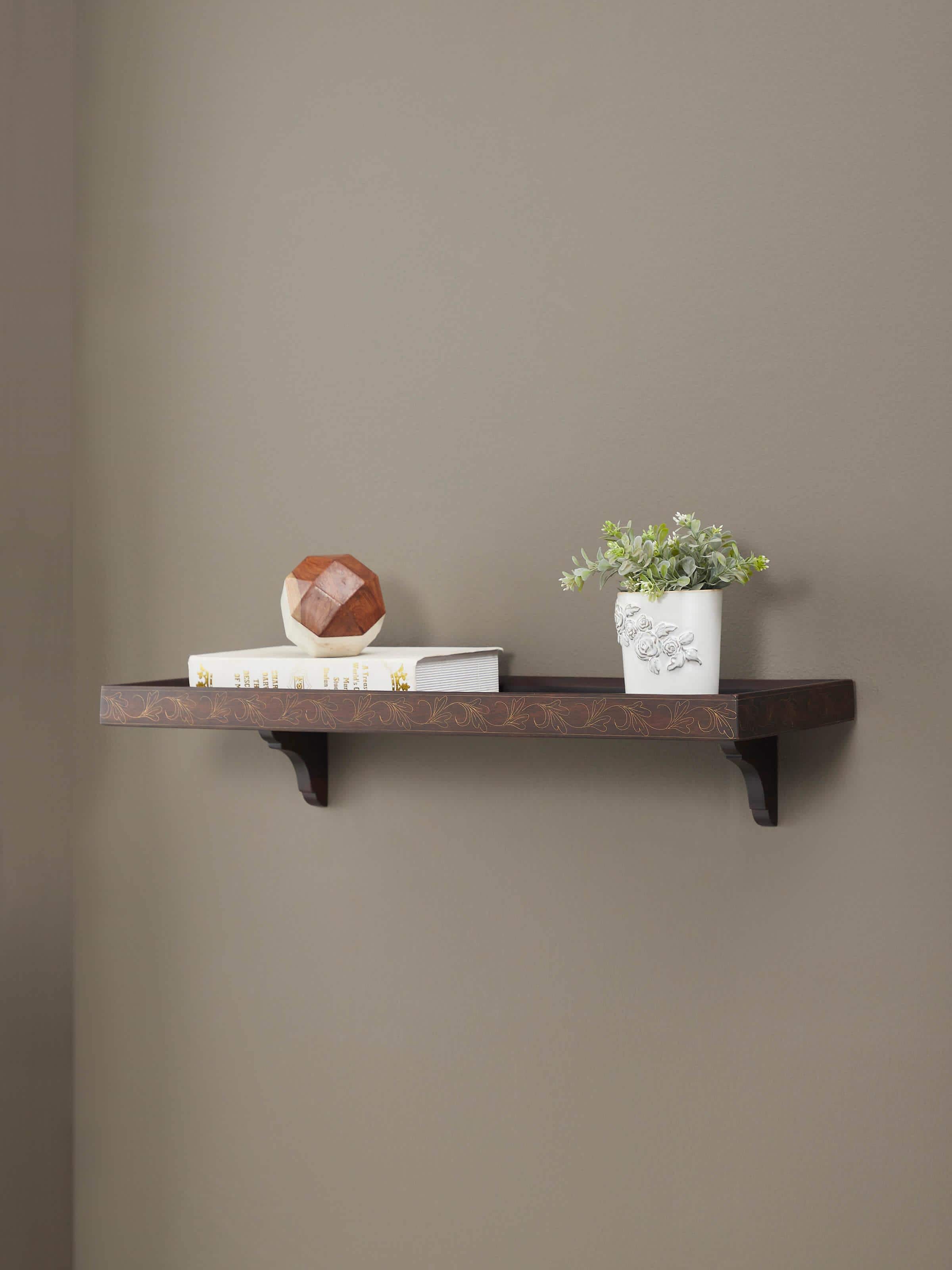 Side view of Sheesham Wood & Brass Tarkashi Rectangular Wall Shelf showing its elegant design with intricate brass inlay work.