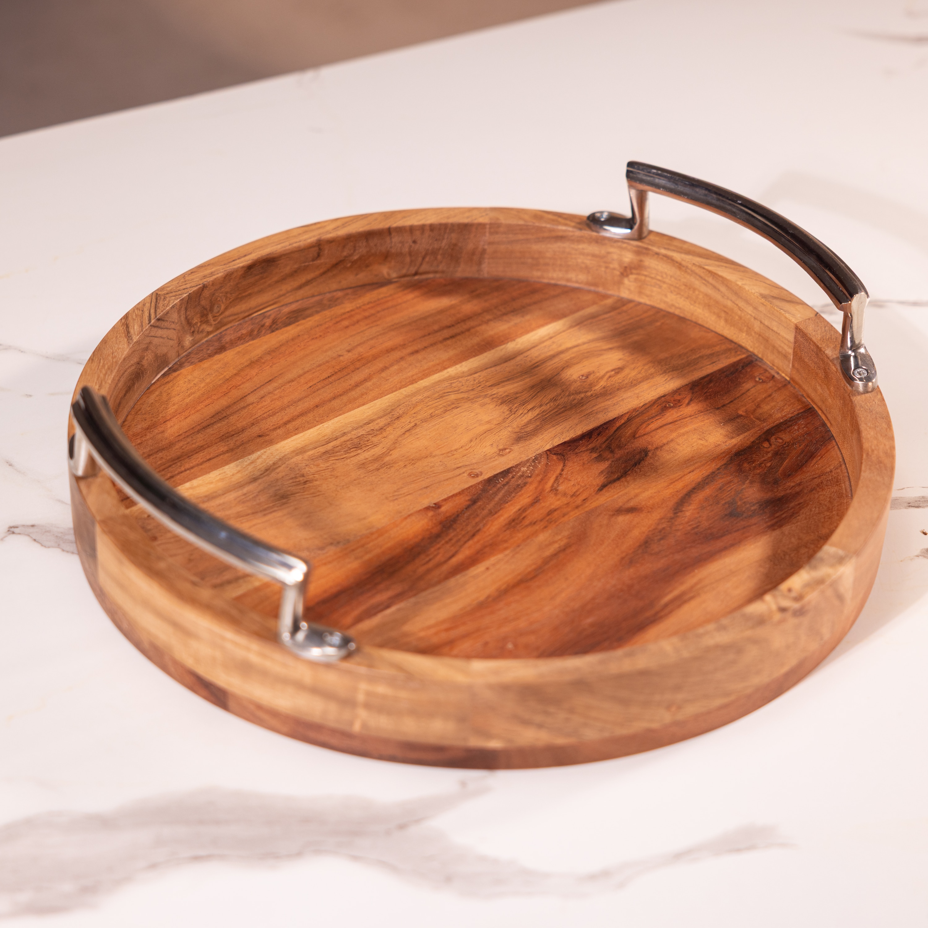 Ireka Home Atithi Wooden Serving Tray with Iron Handles – Medium - Ireka Homes