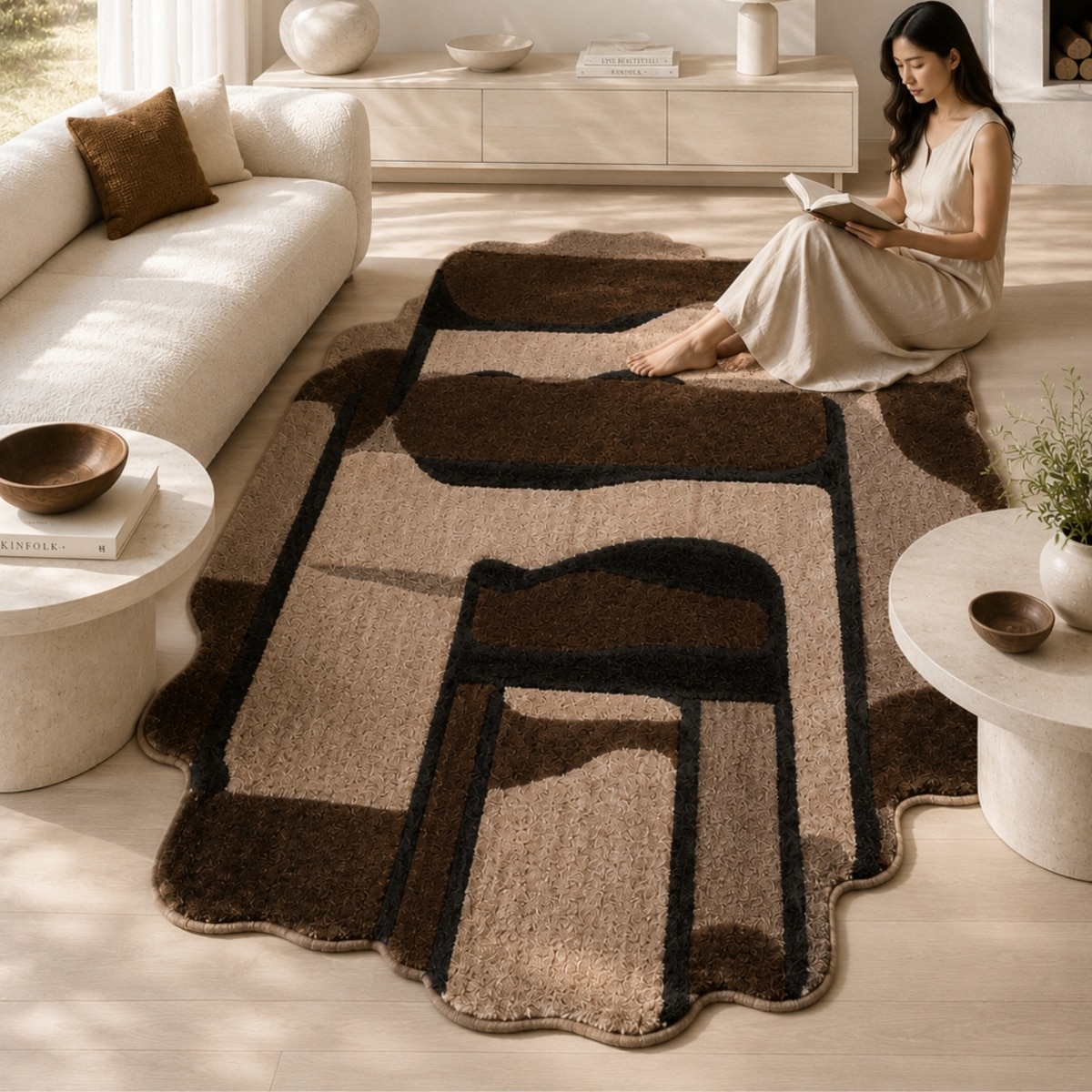 Handmade Wool Shaped Rug Modern Abstract Mocha Brown 5 x 7 Feet Carpet - NEU LOOMS