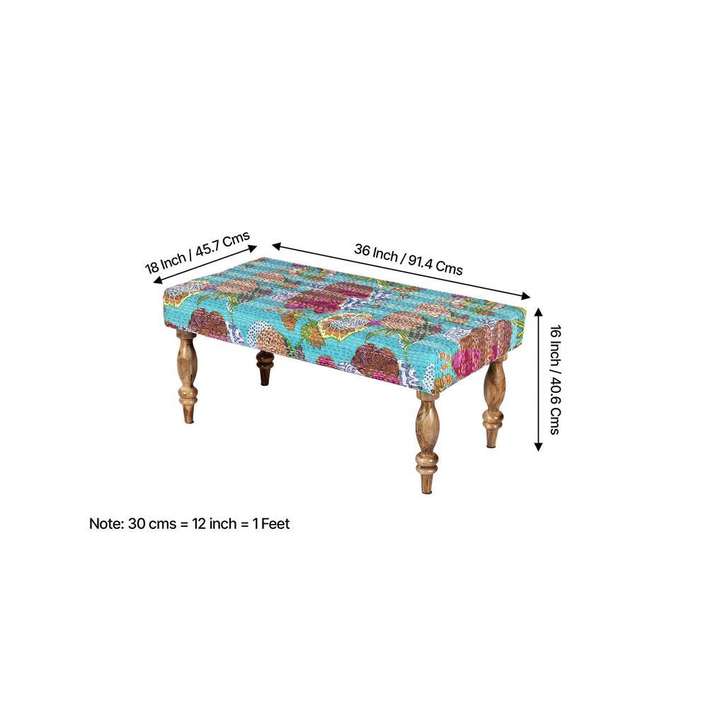 Bestone Solid Wood Bench In Floral Print Green Kantha Fabric