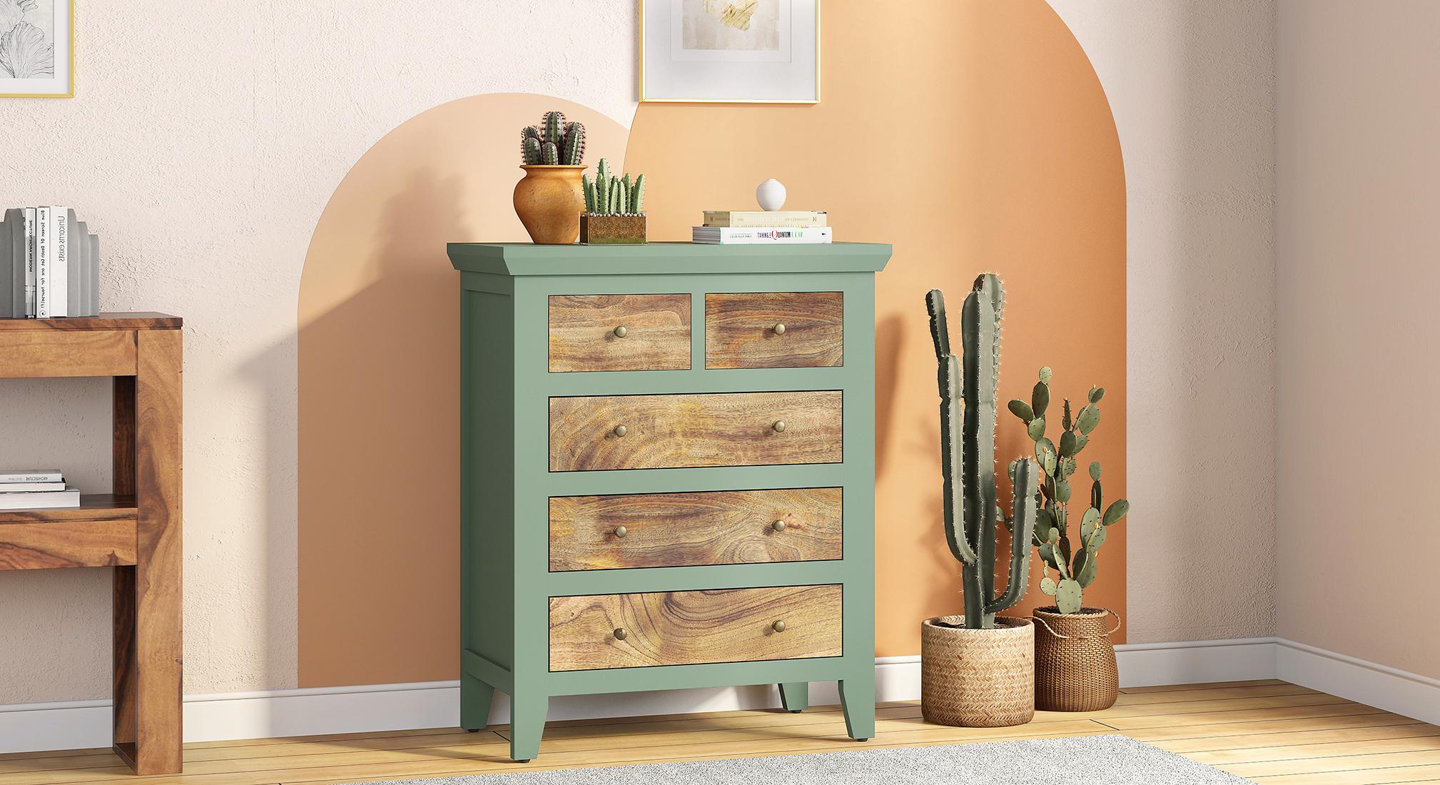 Avelin Solid Wood Chest of 5 Drawers in Sage Green Finish