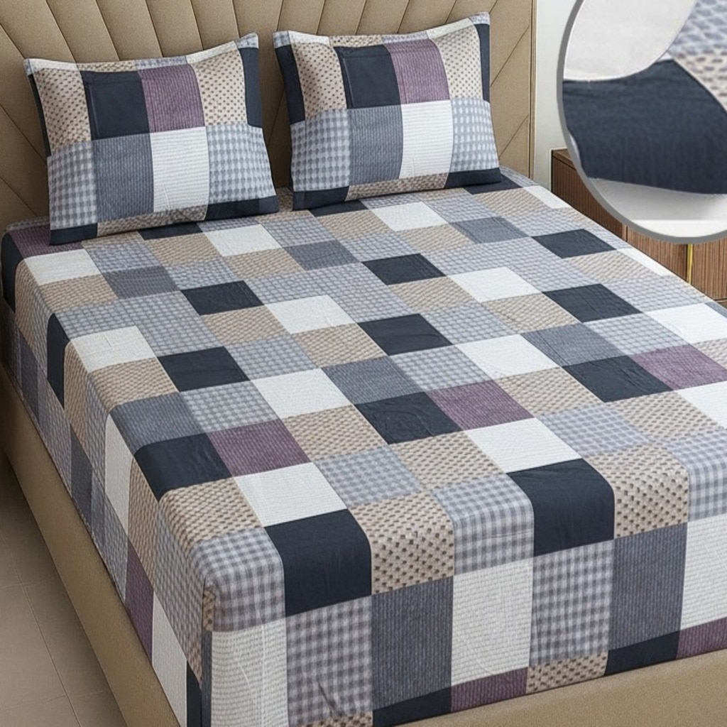 Multicolor Geometric 270 TC Glaze Cotton Fitted Queen Size Bedsheet With 2 Pilllow Covers