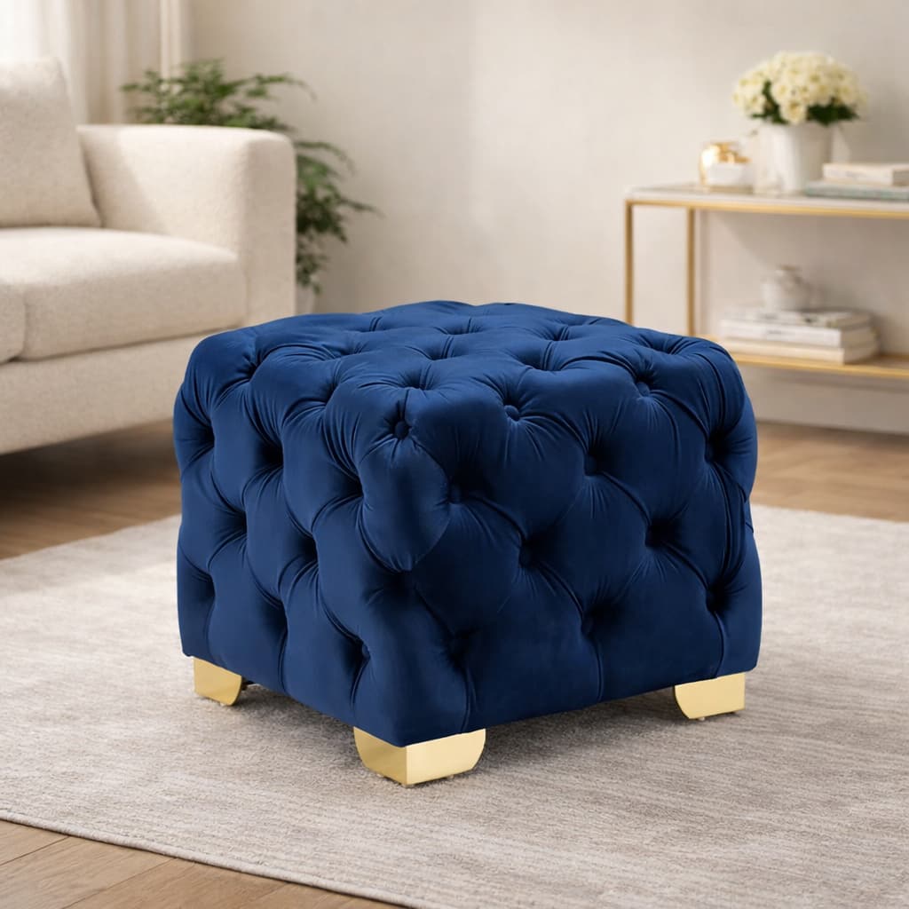 Doe Buck Damira Upholstered Velvet Tufted Ottoman in Blue Colour with Gold Base - Doe Buck