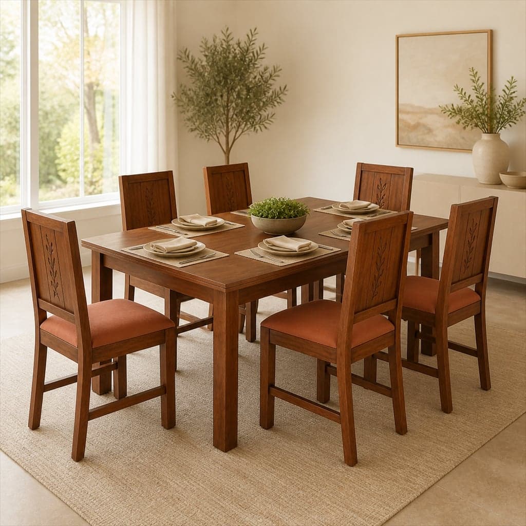 Globally Indian Mahira Solid Sheesham Wood 6 Seater Dining Table Set 6 Chairs Terracotta Orange