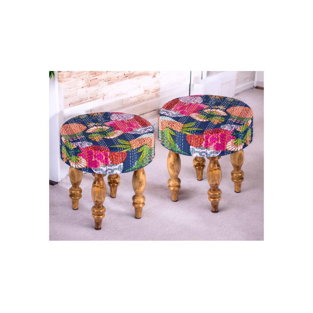Roswell Sheesham Wood Mid Century Round Set of 2 Stools in Fruit Print Blue Kantha Upholstery