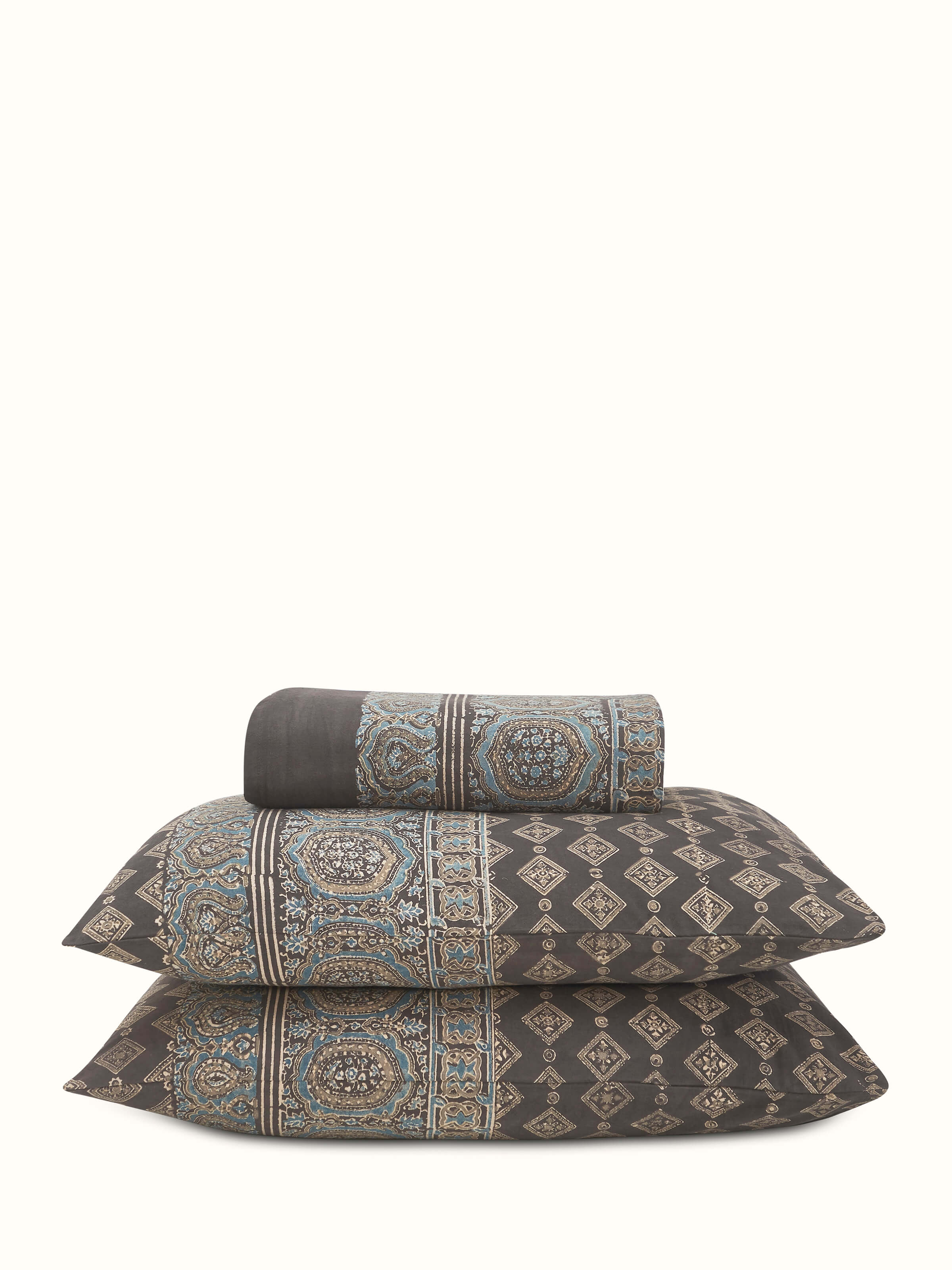 Full view of Sindh dark brown jaal cotton ajrakh block printed queen bedspread set (3 pcs) showcasing the intricate ajrakh block printing and dark brown color.