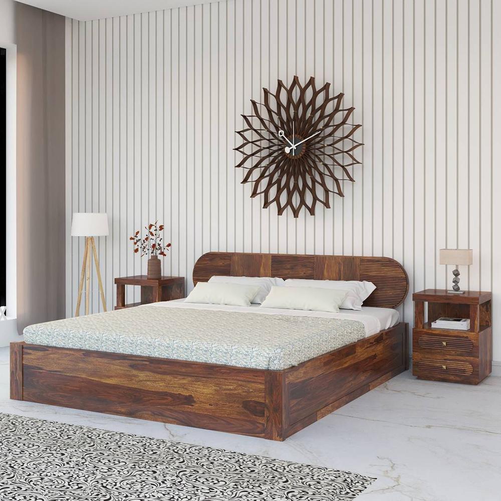 Woodwhiz Solid Wood King Bed With Drawer Storage In Provincial Teak Finish